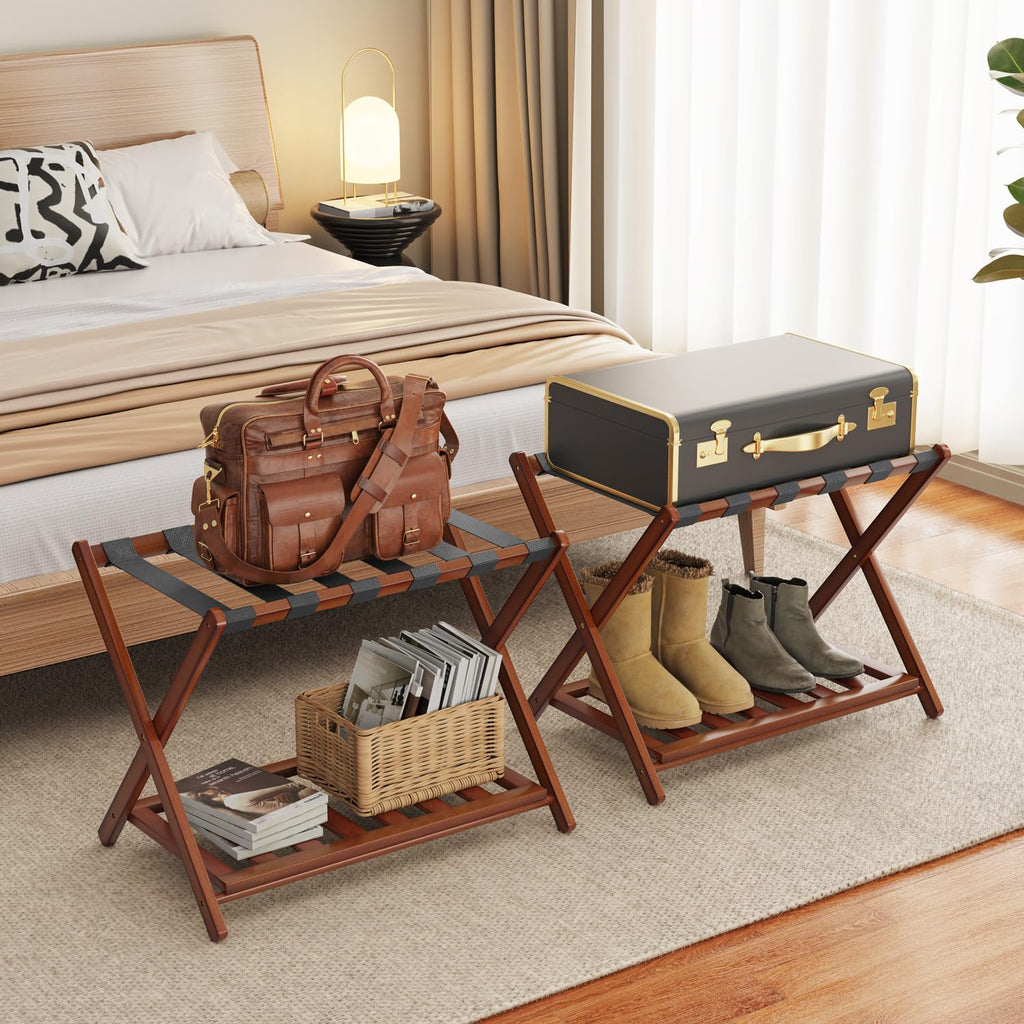 BAMBOOHOMIE Bamboo Luggage Rack for Guest Room, 26.77" Folding Wide Suitcase Stand with Storage Shelf - image 1