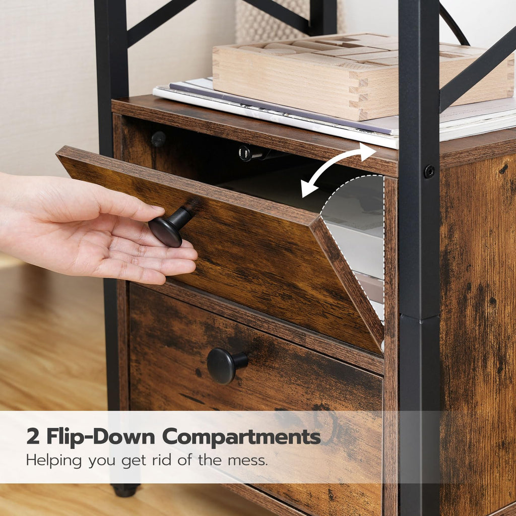 HOOBRO Bedside Table with Charging Station - 2 Drawers, Rustic Brown