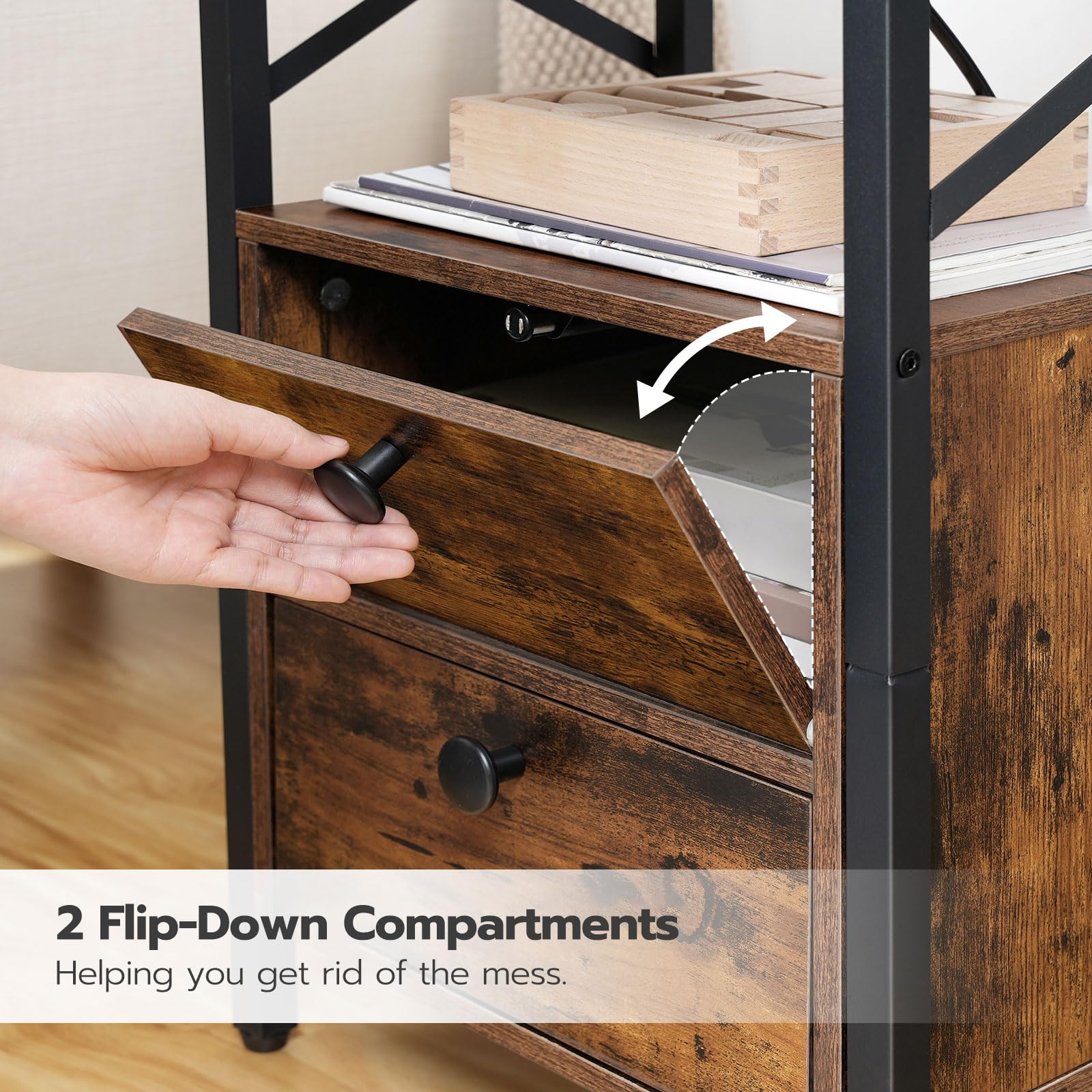 HOOBRO Bedside Table with Charging Station - 2 Drawers, Rustic Brown