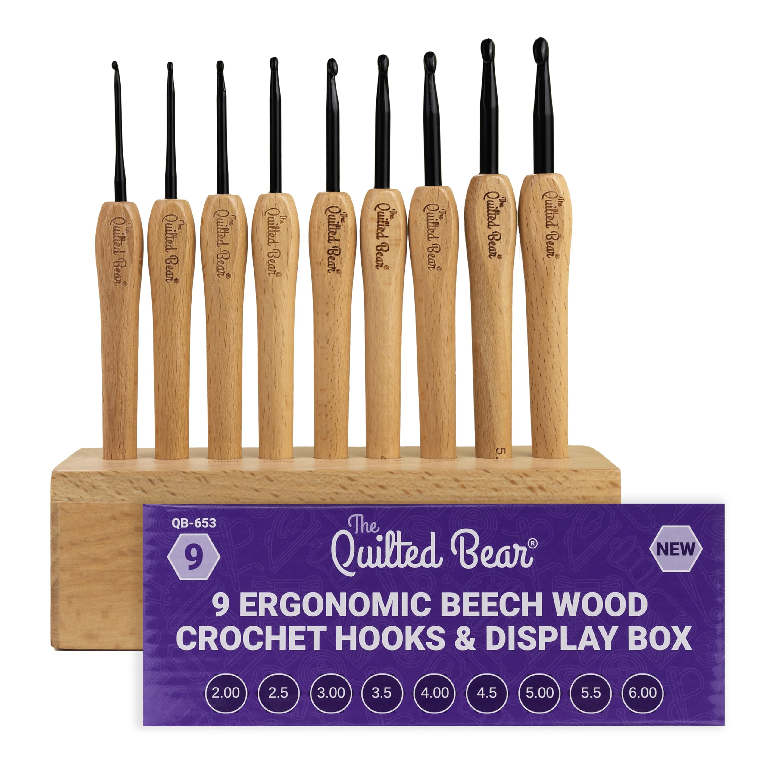 The Quilted Bear Beech Wood Crochet Hooks Set - 9 Ergonomic Steel Hooks