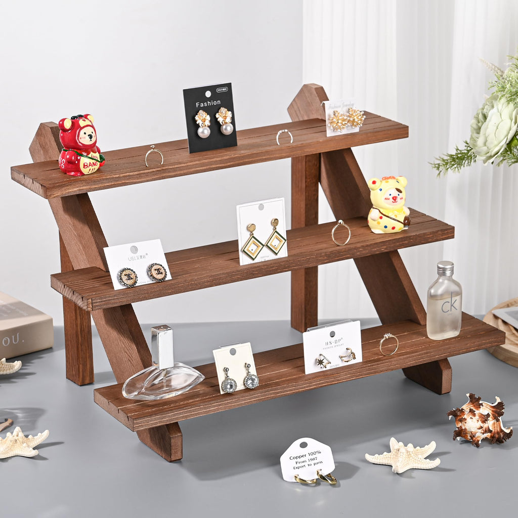 LEXFUNN Wooden Jewellery Display Rack Stand Earring Stall Stand Organizer Shelf 3/4 Tier 3 Tier - Brown - image 3