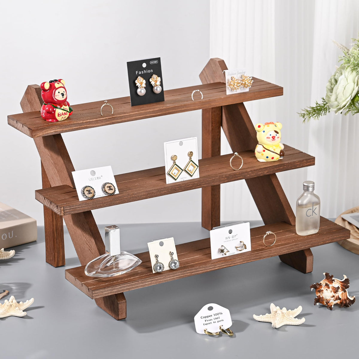 LEXFUNN Wooden Jewellery Display Rack Stand Earring Stall Stand Organizer Shelf 3/4 Tier 3 Tier - Brown - image 3