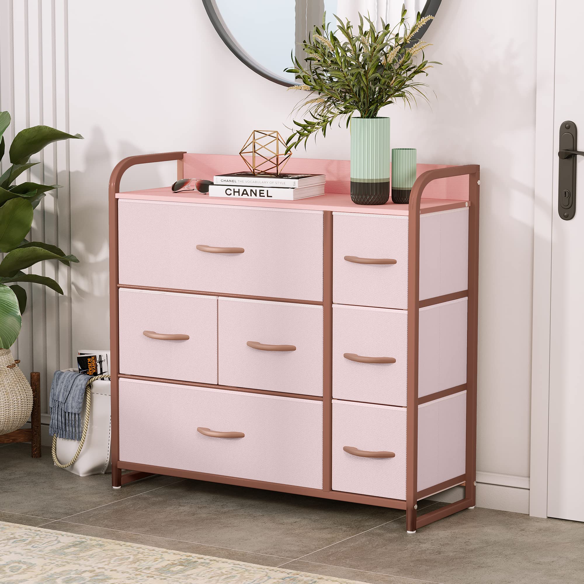 YITAHOME 7 Drawer Fabric Dresser – Metal Frame Storage Chest, Pink