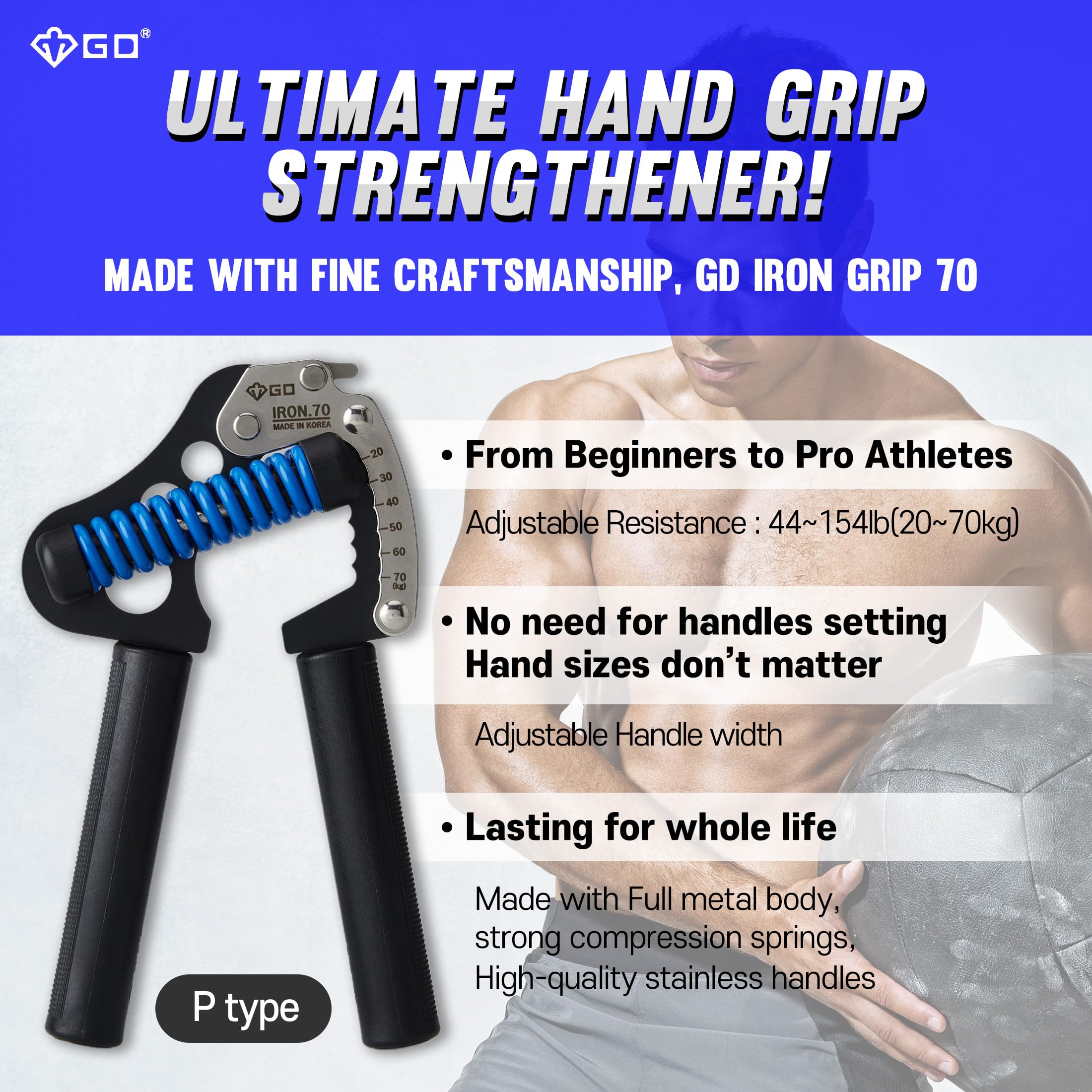 GD Iron Grip 70 Adjustable Hand Strengthener – 11.9-70kg Resistance