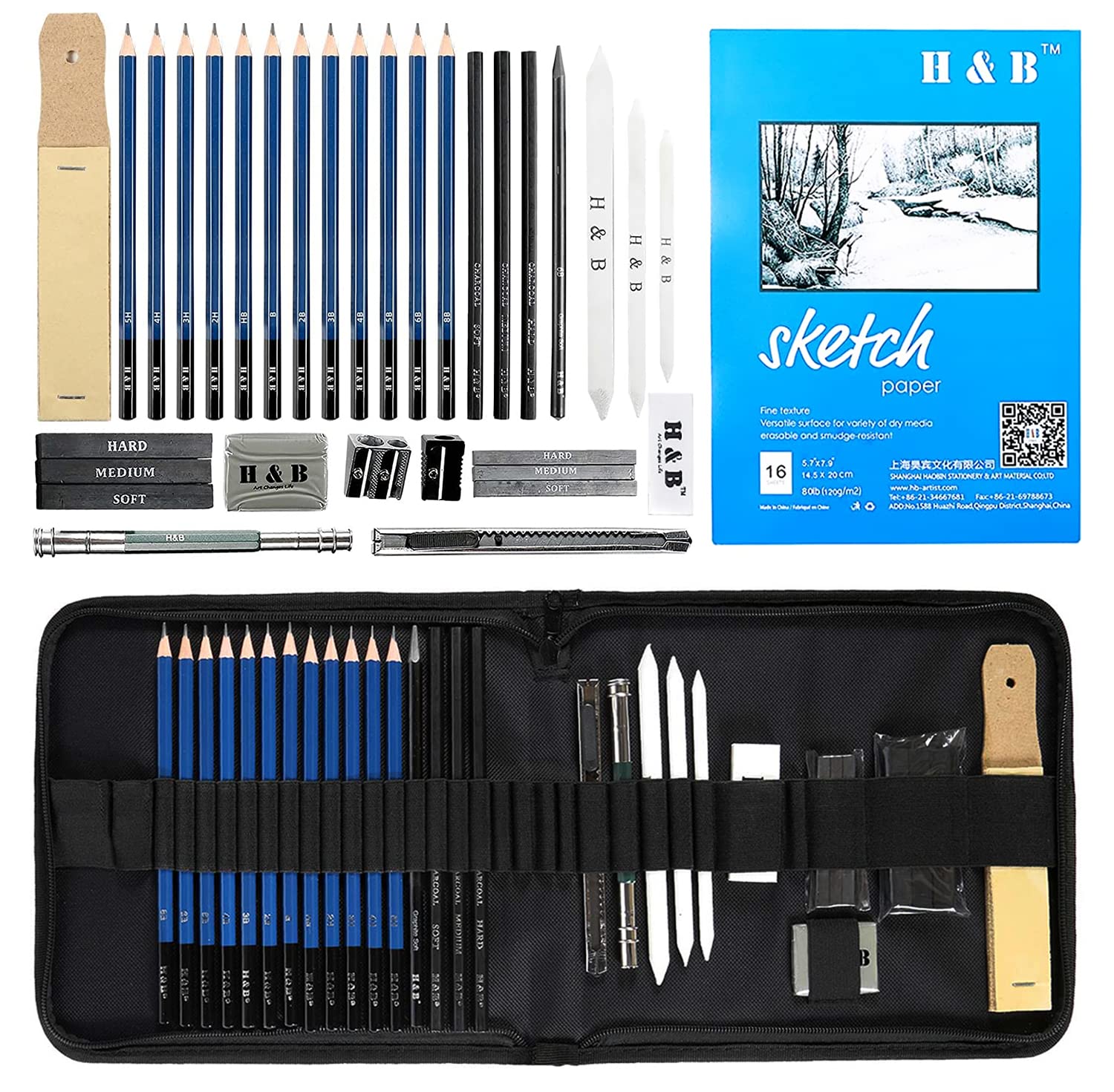 H&B 33-Piece Professional Sketching Pencil Set and Drawing Kit