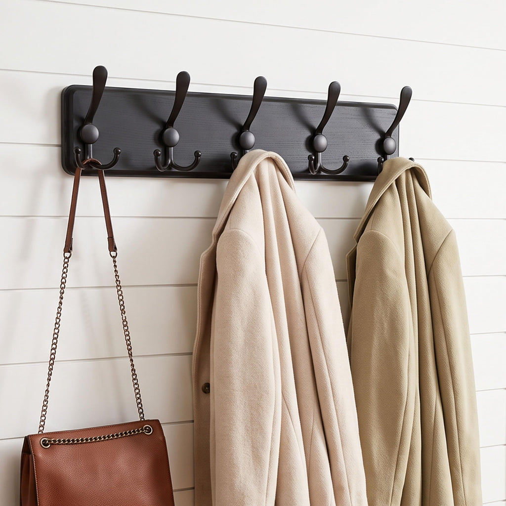 WEBI Coat Rack Wall Mounted,Wood Coat Hooks Wall Mounted Rustic,16" Hole to Hole,Large Coat Hanger Wall,Hook Rack,5 Triple Hooks for Hanging