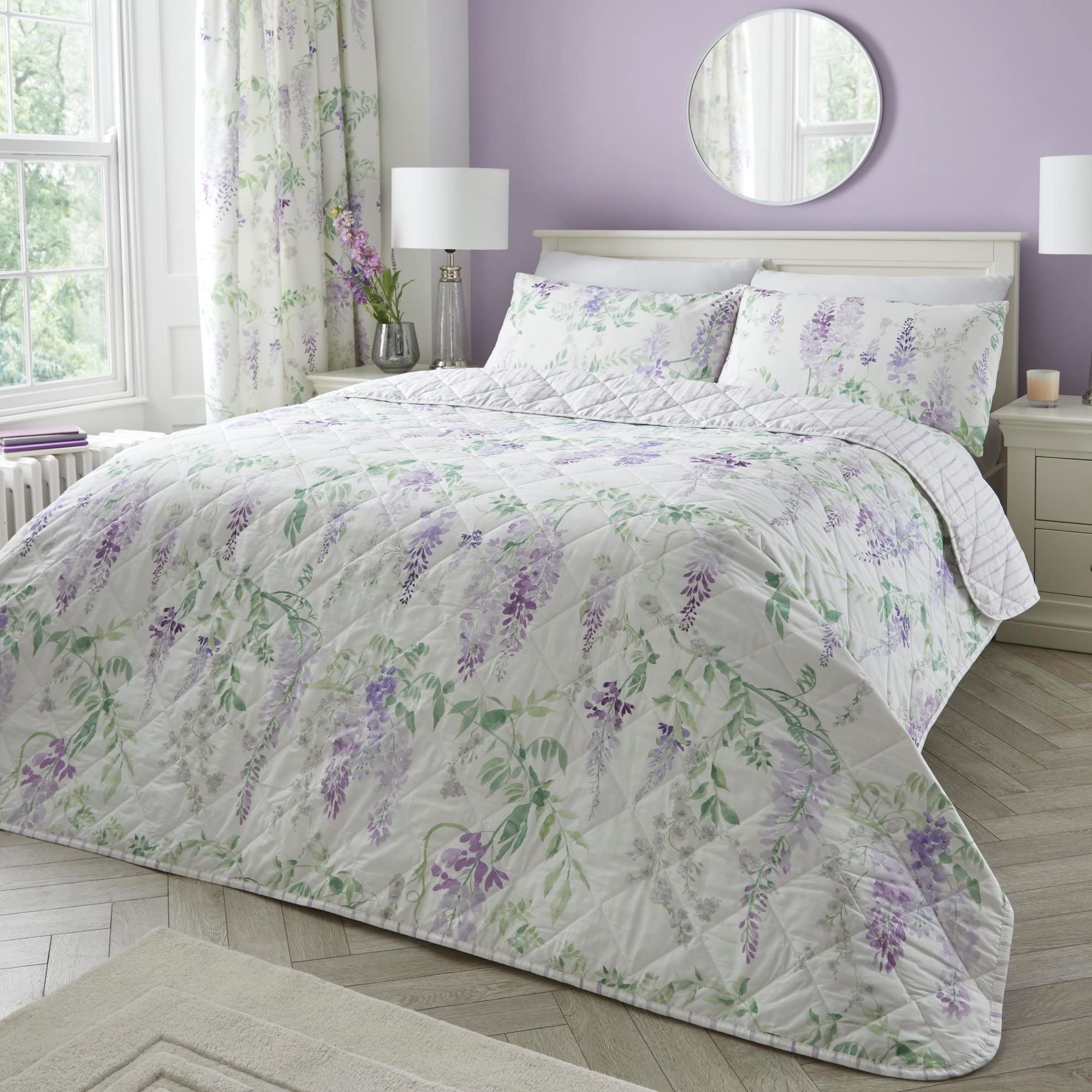 Dreams & Drapes Purple Wisteria Quilted Bedspread – Reversible Floral