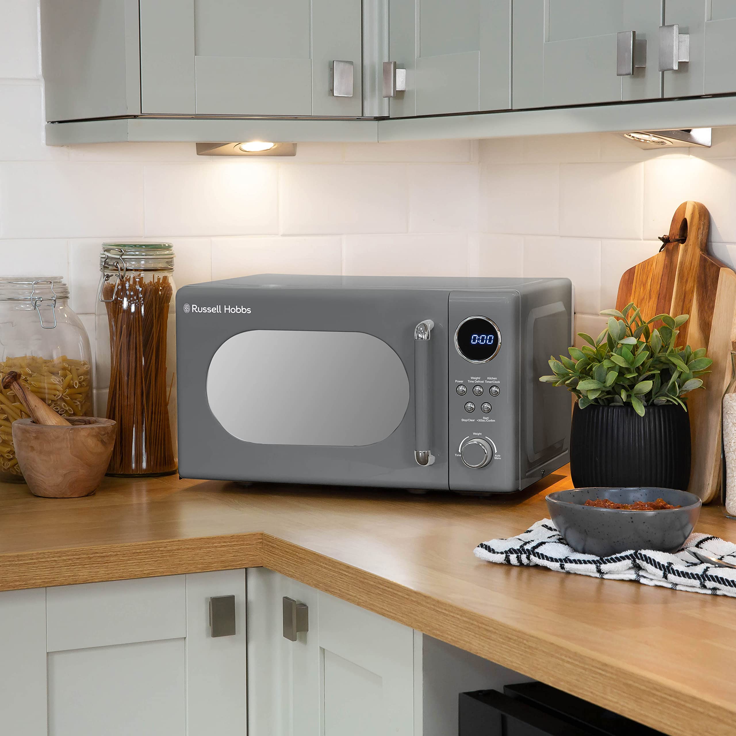 Russell Hobbs Retro Digital Microwave | 20L Grey 800W with Mirror Finish
