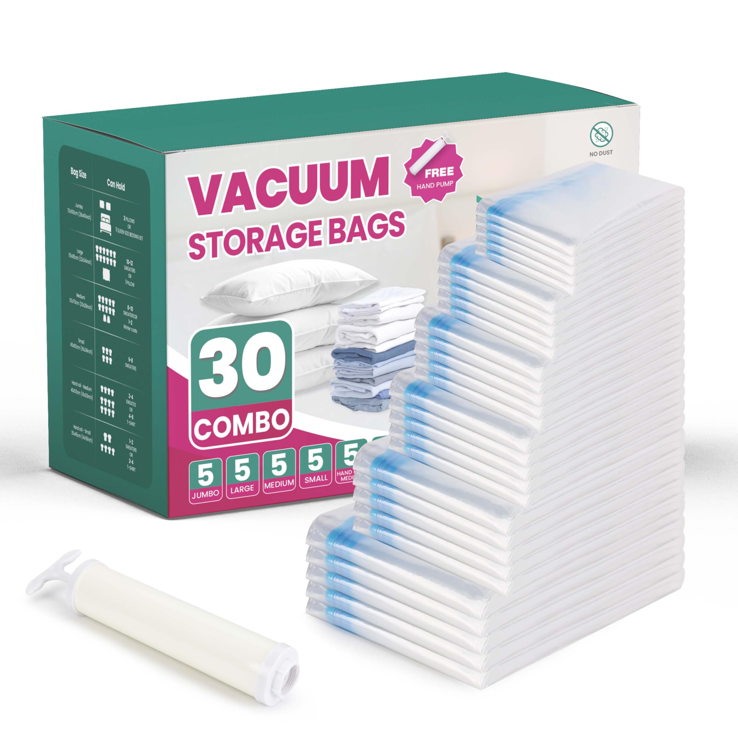 Simple Deluxe Vacuum Storage Bags 30 Pack - Multi-Size with Hand Pump