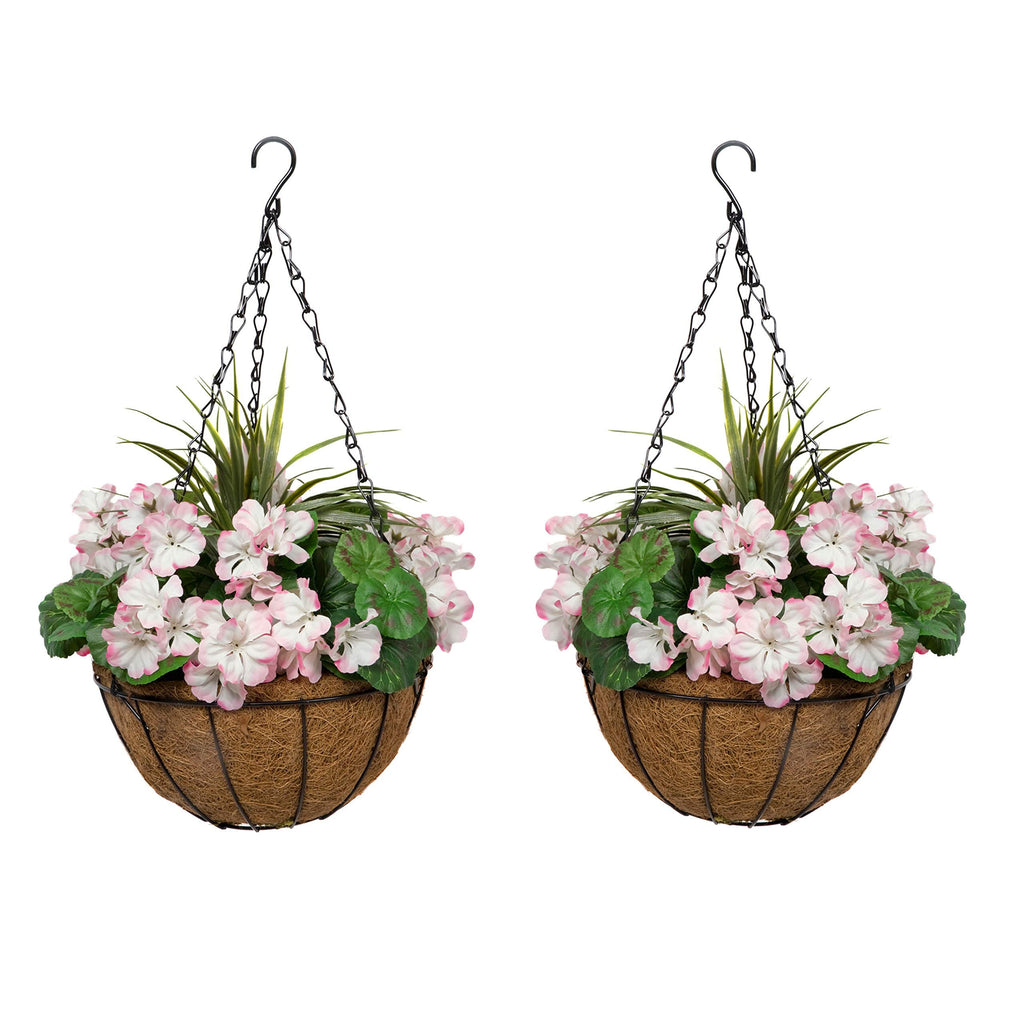 GreenBrokers Artificial Pink Geranium Coir Hanging Baskets - Set of 2