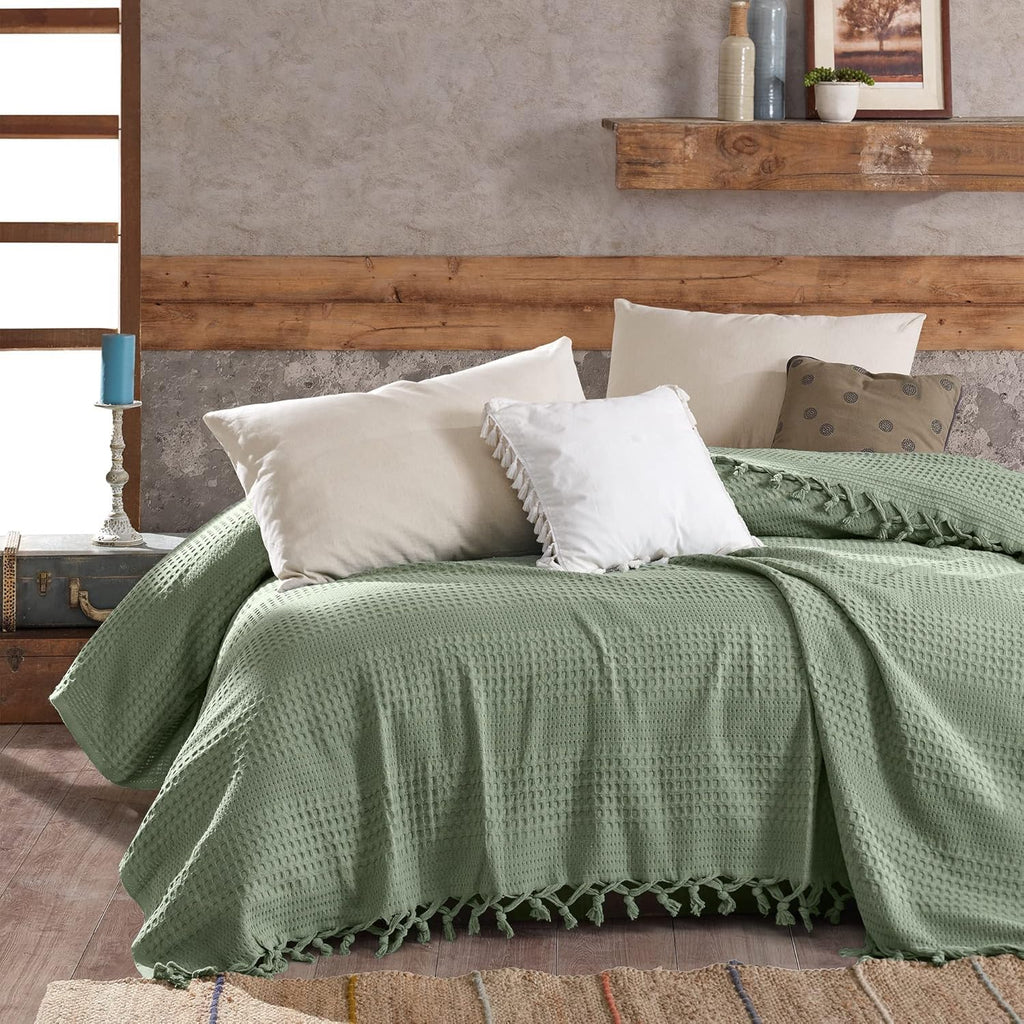 Milam London Sage Green Waffle Throw Blanket | 100% Cotton King Size Bedspread