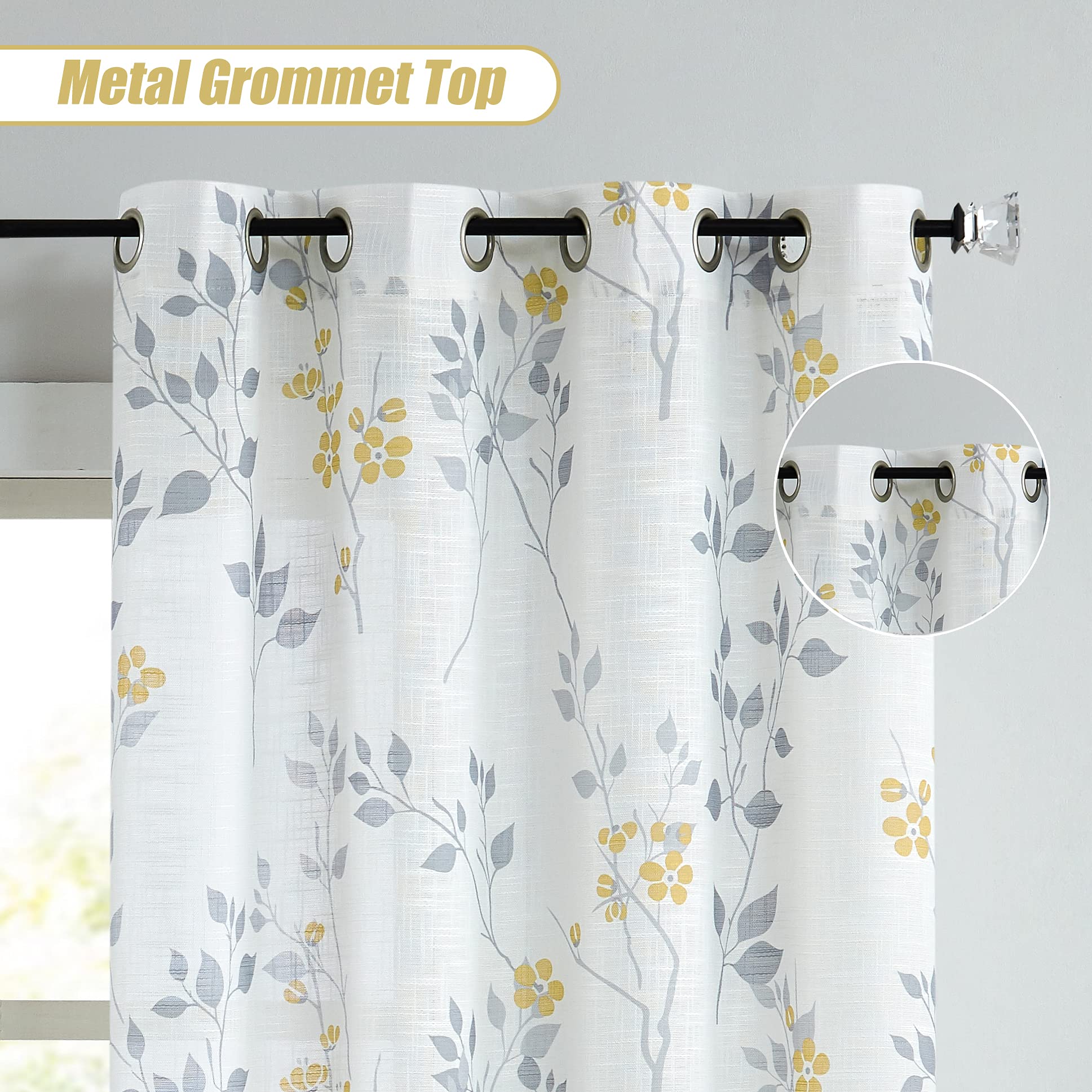 Beauoop Yellow Grey Floral Semi Sheer Linen Curtains - 90 Inch Drop