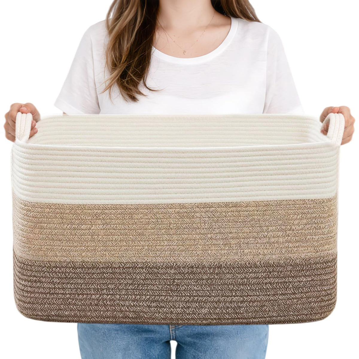 FANGCCC Large Storage Basket 55 x 43 x 30.5 cm, Cotton Rope Blanket Basket with Handles, Woven Storage Basket for Laundry, Clothes and Toy Storage - image 1