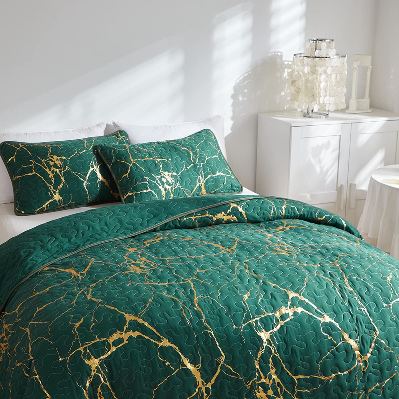 Green Gold Marble King Bedspread – Luxury Microfiber Quilt Set
