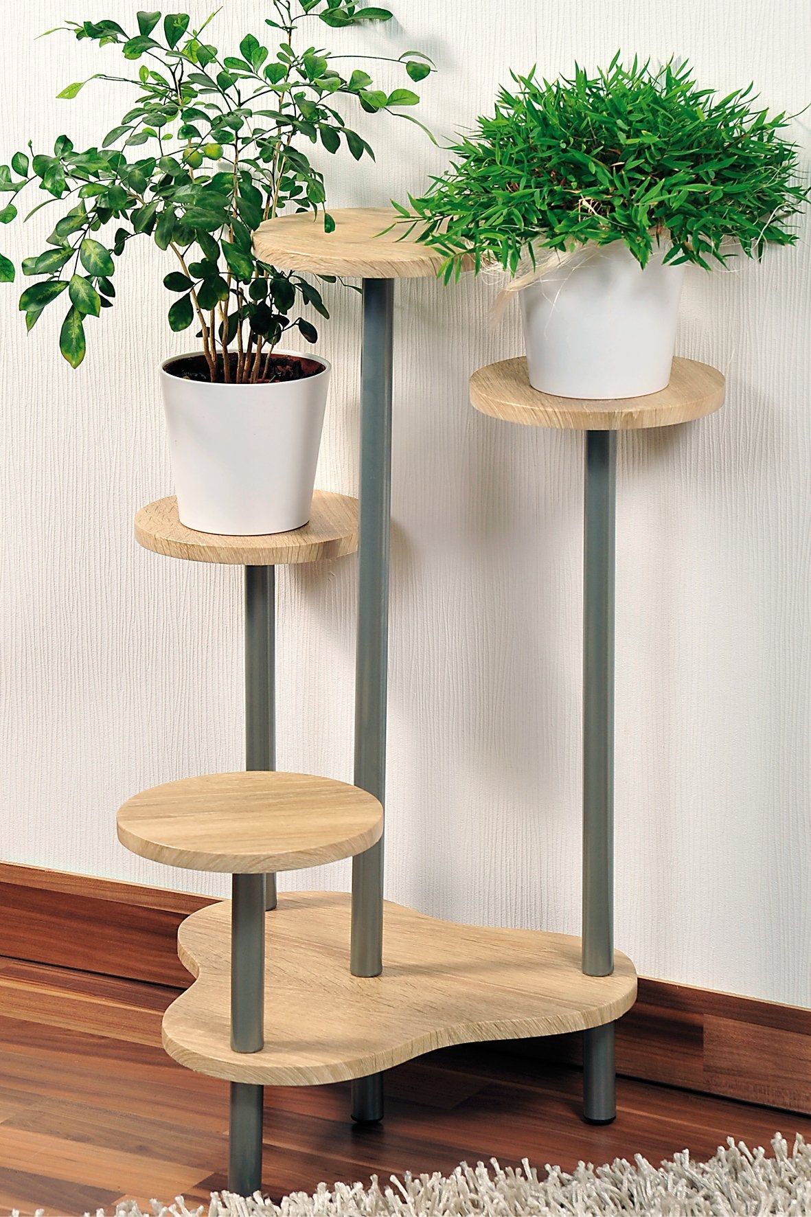 Kesper Flower Stand – Oak Decor Wood Plant Shelf, Brown/Grey