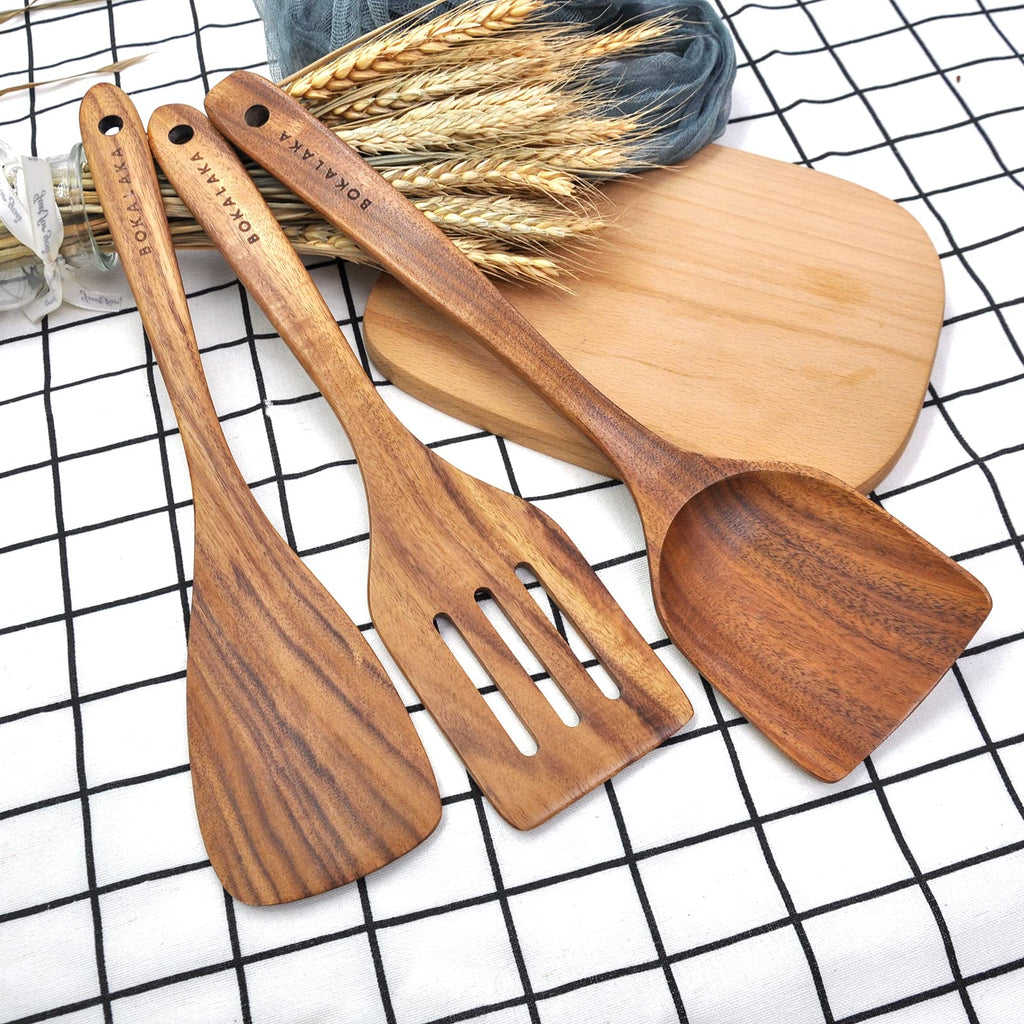 BOKALAKA 11 Pcs Natural Teak Wooden Kitchen Utensils Set for Nonstick Pans