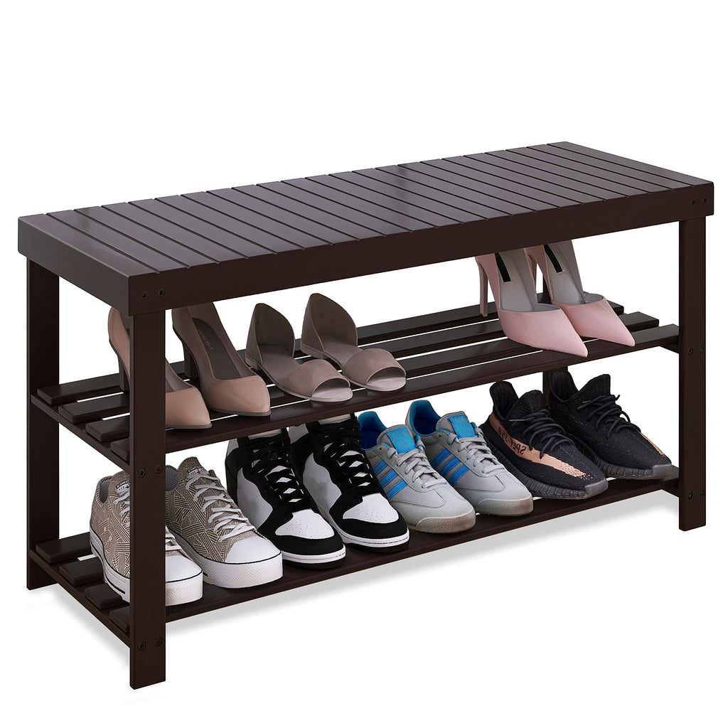SMIBUY 3-Tier Bamboo Shoe Rack Bench – Sturdy Entryway Storage, Dark Brown