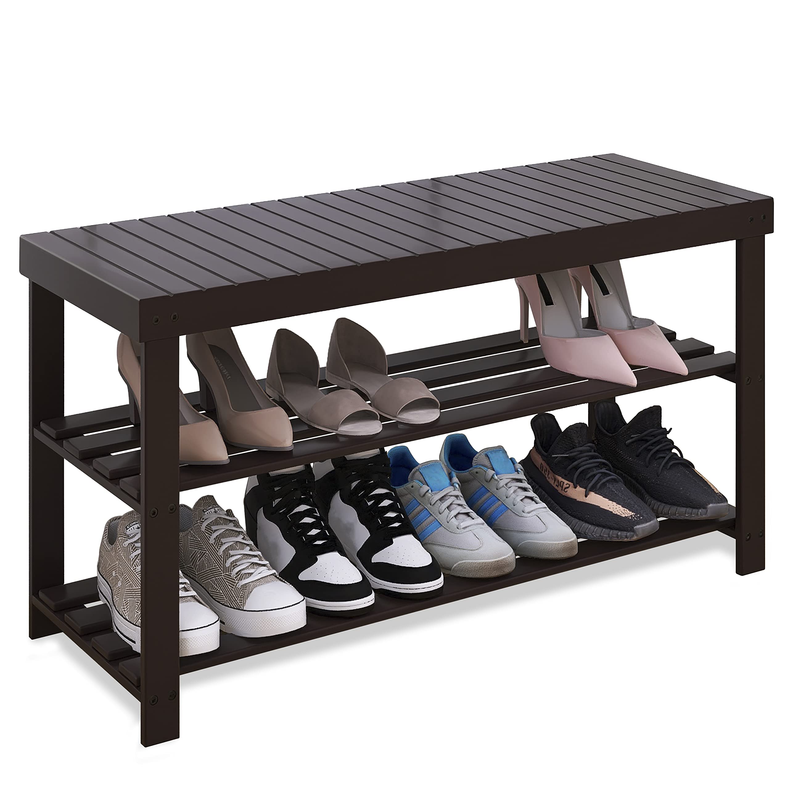 SMIBUY 3-Tier Bamboo Shoe Rack Bench – Sturdy Entryway Storage, Dark Brown