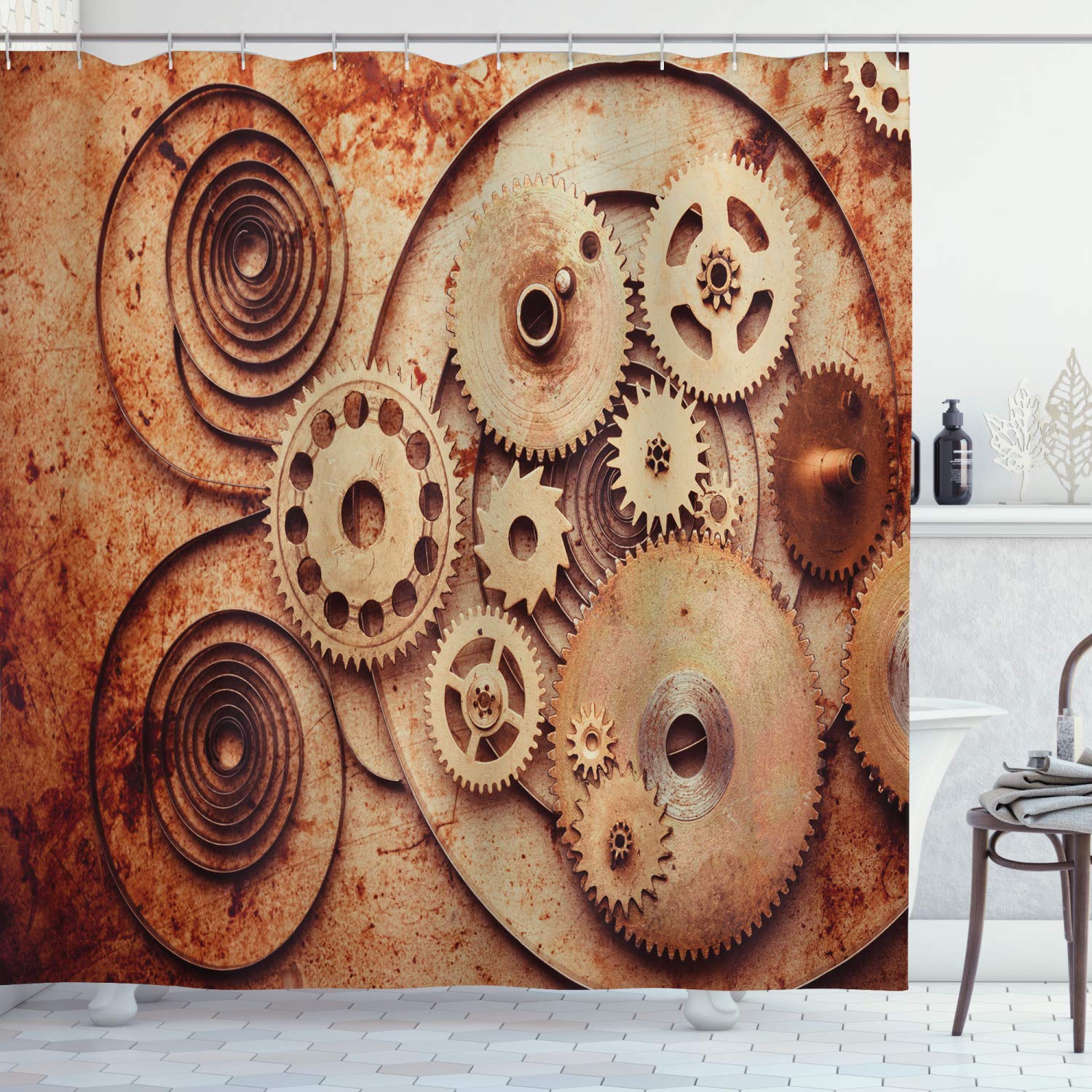 ABAKUHAUS Steampunk Shower Curtain – Vintage Mechanical Gears Fabric Decor