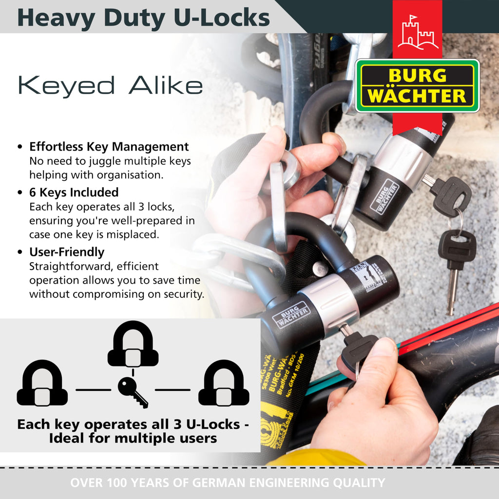 Burg-Wächter 100D U-Lock Trio Pack – Keyed Alike Sold Secure Gold