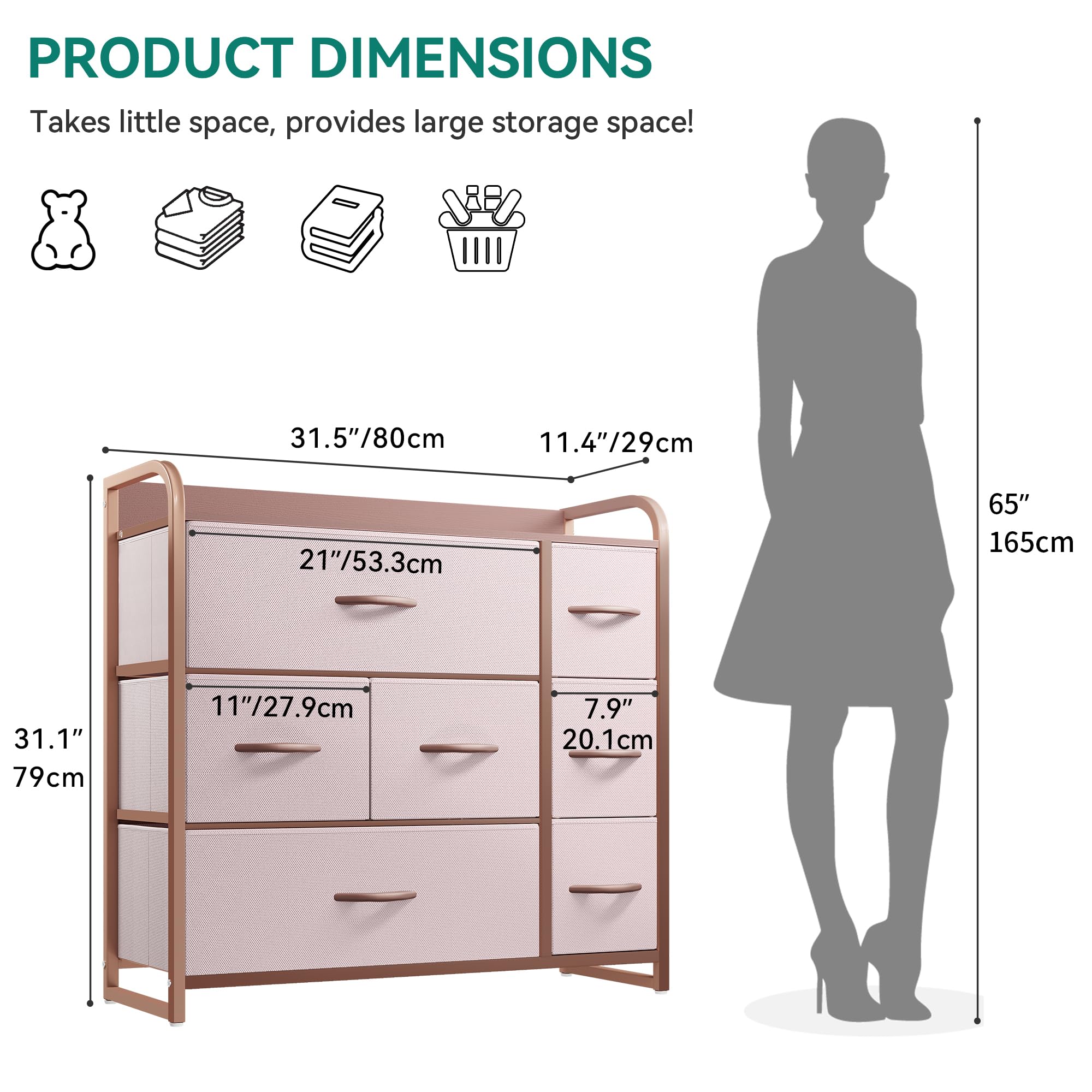 YITAHOME 7 Drawer Fabric Dresser – Metal Frame Storage Chest, Pink