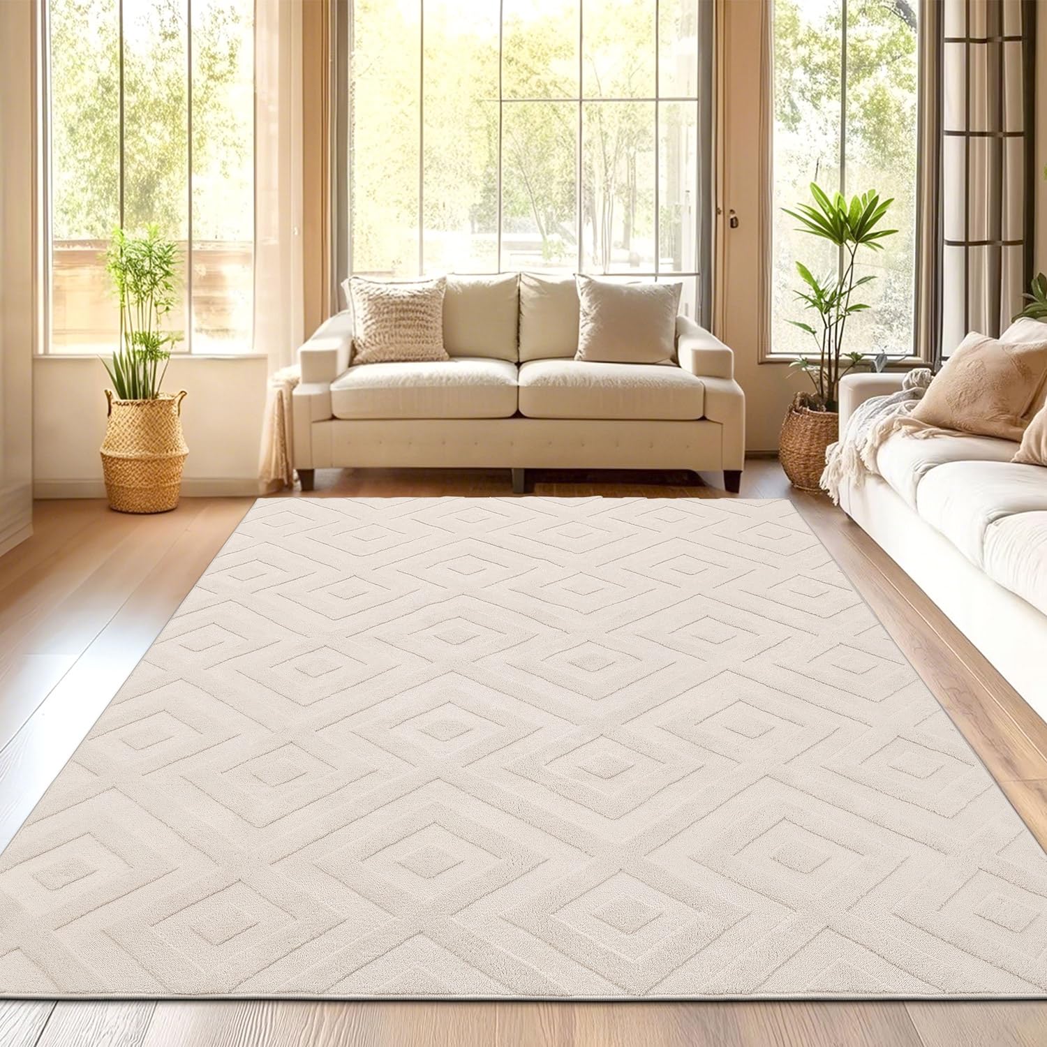 SHACOS Washable Geometric Area Rug | 140x200cm Non-Slip Shaggy Cream Carpet