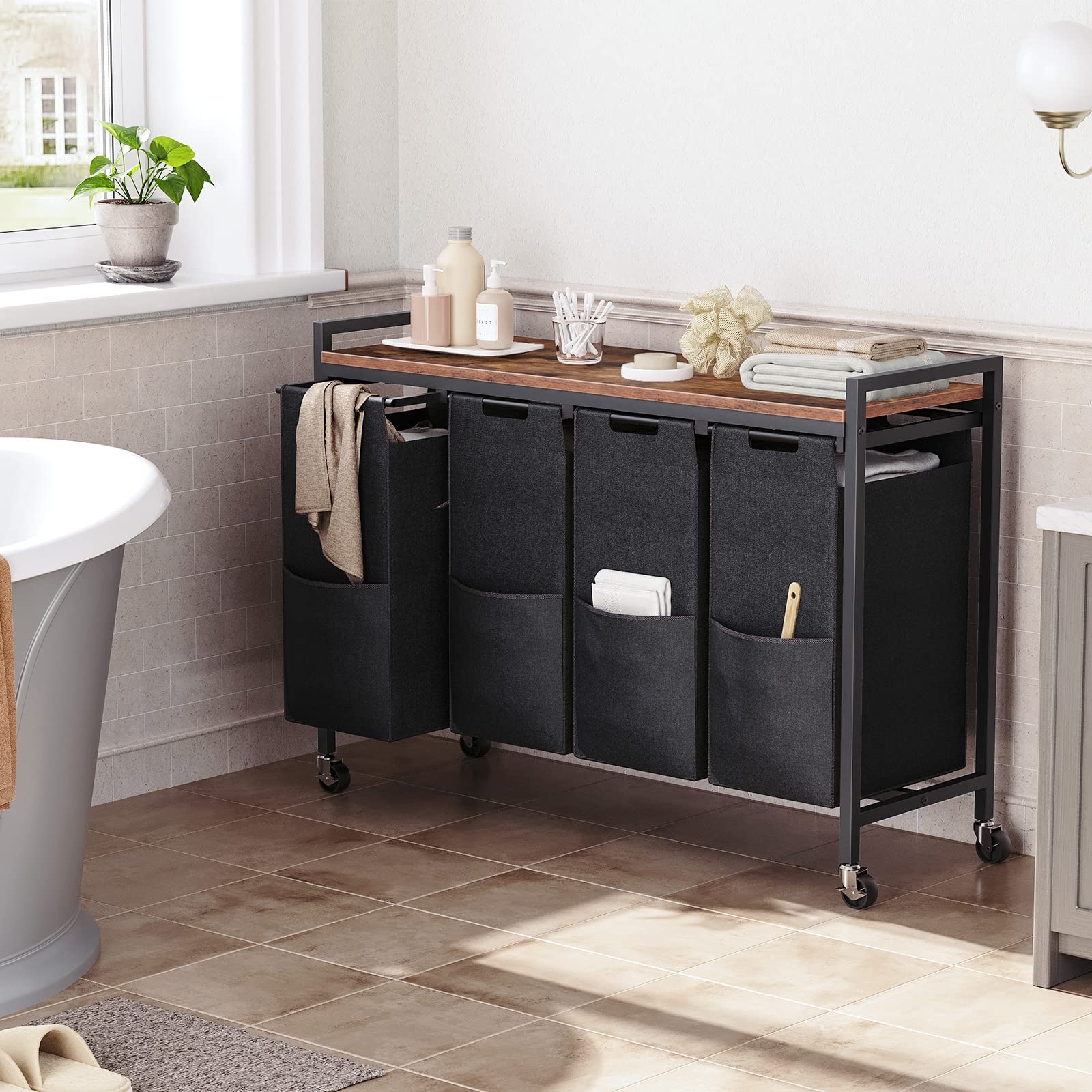 HOOBRO 4-Compartment Rolling Laundry Sorter | 159L Hamper with Shelves