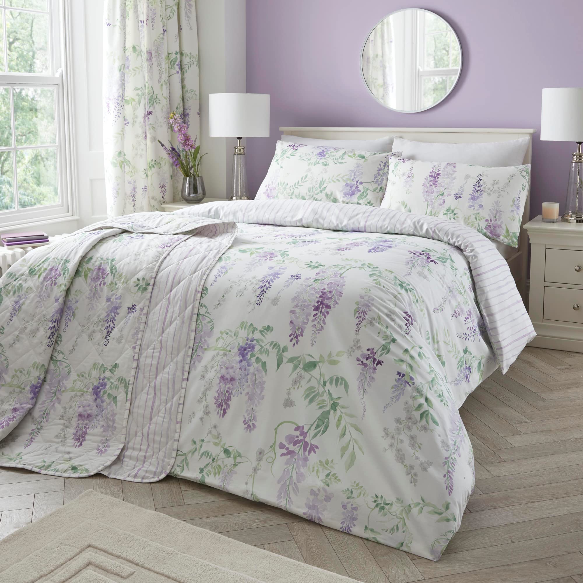 Dreams & Drapes Purple Wisteria Quilted Bedspread – Reversible Floral
