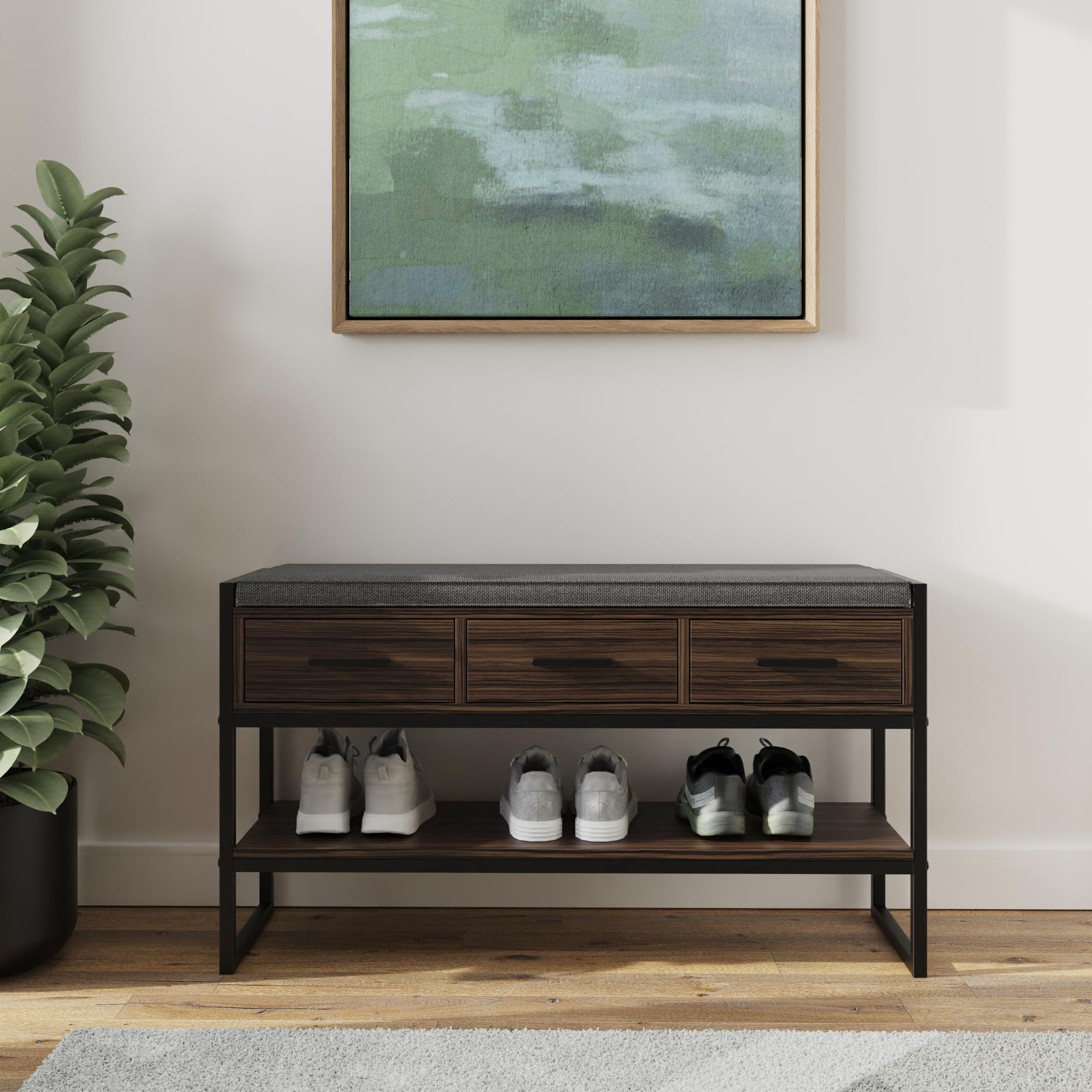 Jolof Store Quinn Industrial Shoe Bench – Wood and Metal Storage Rack