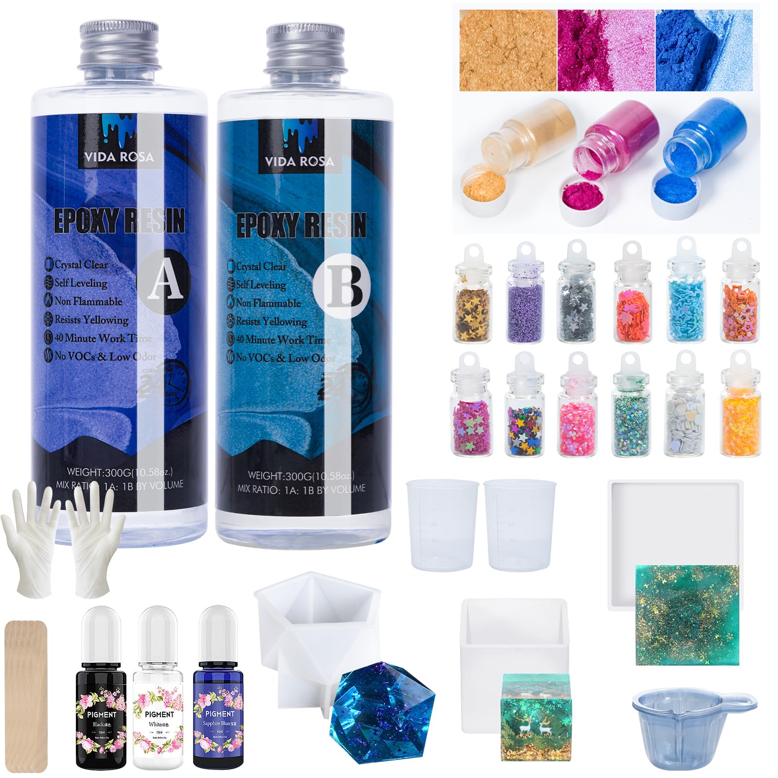 VidaRosa Epoxy Resin Kit - 600ml Crystal Clear Starter Set with Molds