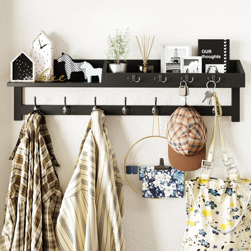AMBIRD 89cm Wall-Mounted Coat Rack, Large Coat Hanger, Entryway Shelf with 7 Dual Hooks and 4 Key Hooks, Mail Organiser, Wooden Key Holder Black