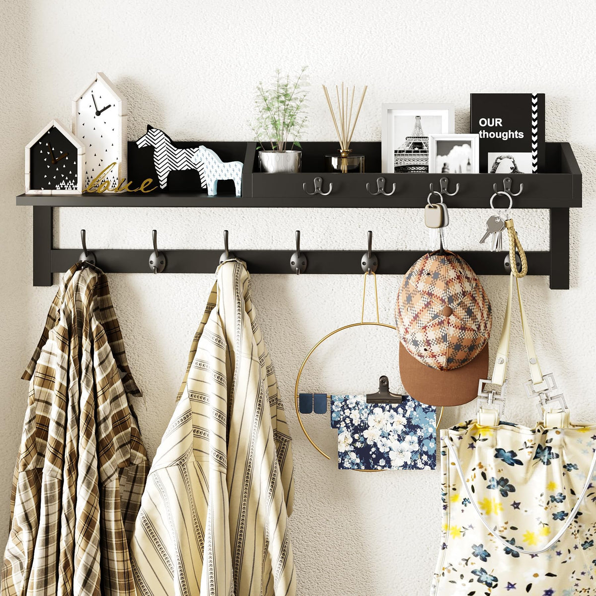 AMBIRD 89cm Wall-Mounted Coat Rack, Large Coat Hanger, Entryway Shelf with 7 Dual Hooks and 4 Key Hooks, Mail Organiser, Wooden Key Holder Black