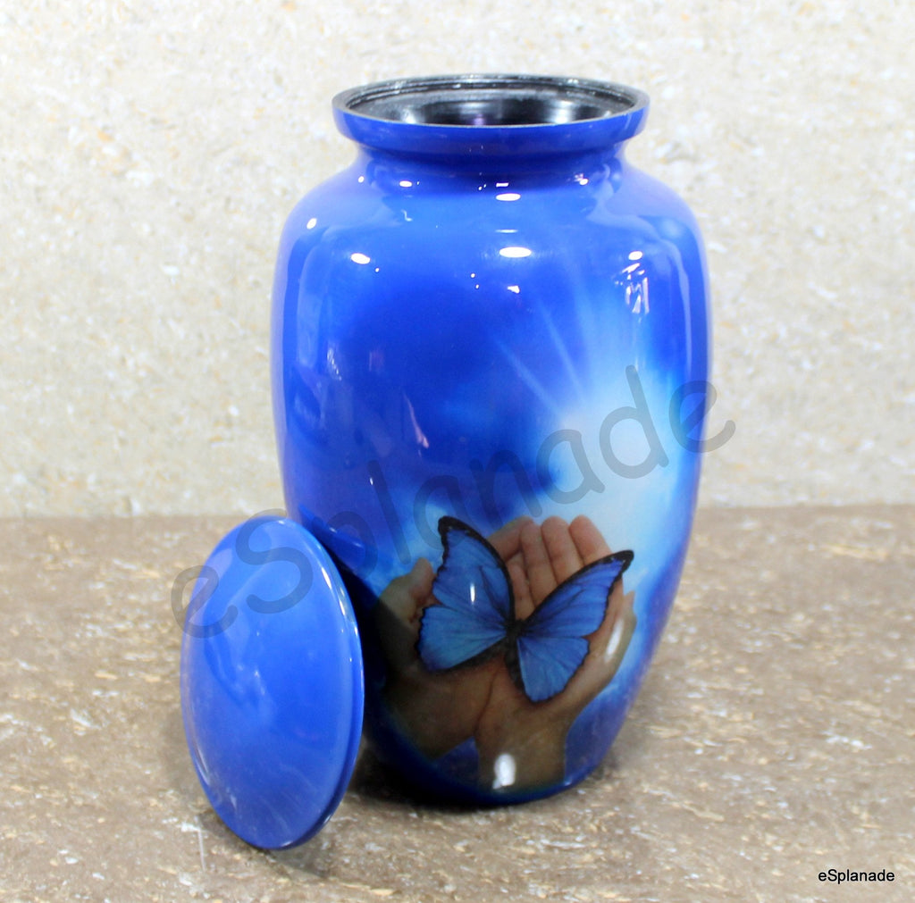 eSplanade Metal Cremation Urn - Blue Butterfly Memorial Jar - 10 Inch