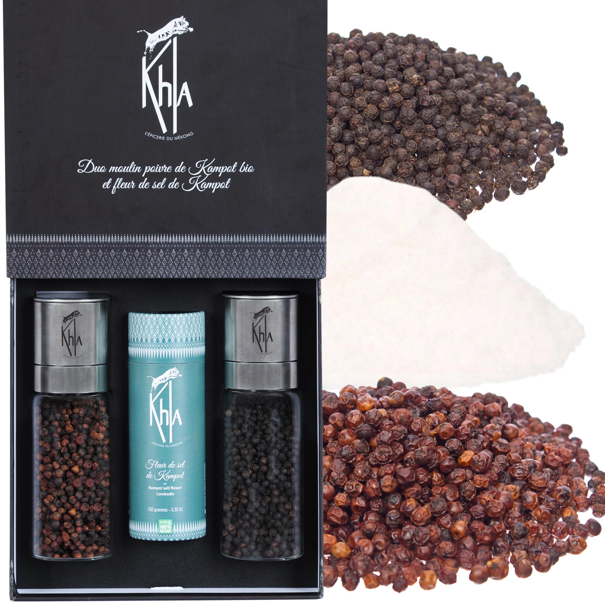 Khla Kampot Pepper & Salt Gift Set – Organic Black, Red & Fleur de Sel