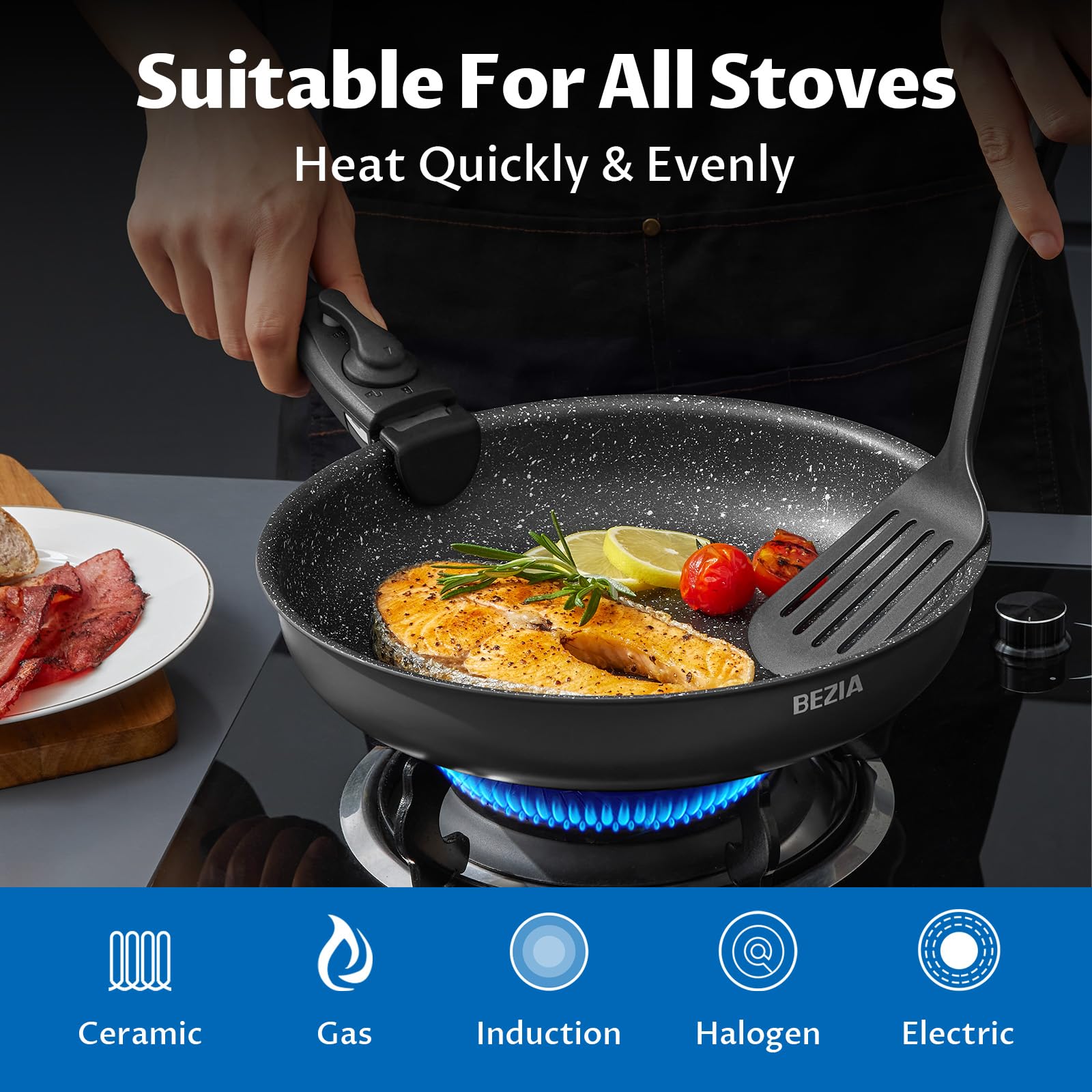 BEZIA 10-Piece Nonstick Cookware Set | Stackable Pans with Detachable Handles