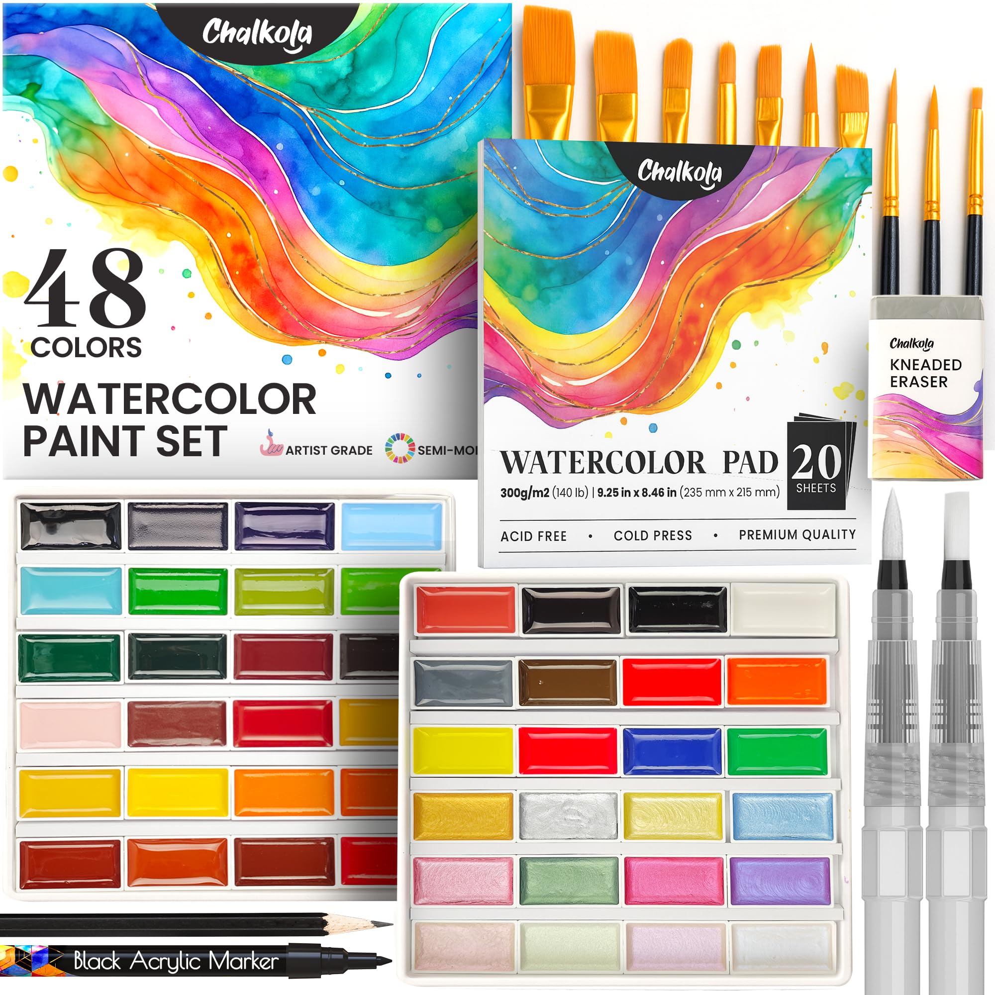 Chalkola Professional Watercolor Paint Set - 48 XL Pans with Brushes & Pad