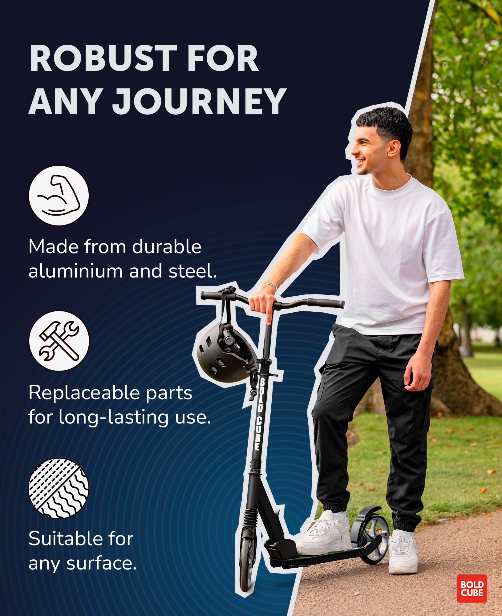 BOLDCUBE Big 2 Wheel Scooter for Kids & Teens - 200mm Wheels - Deep Blue