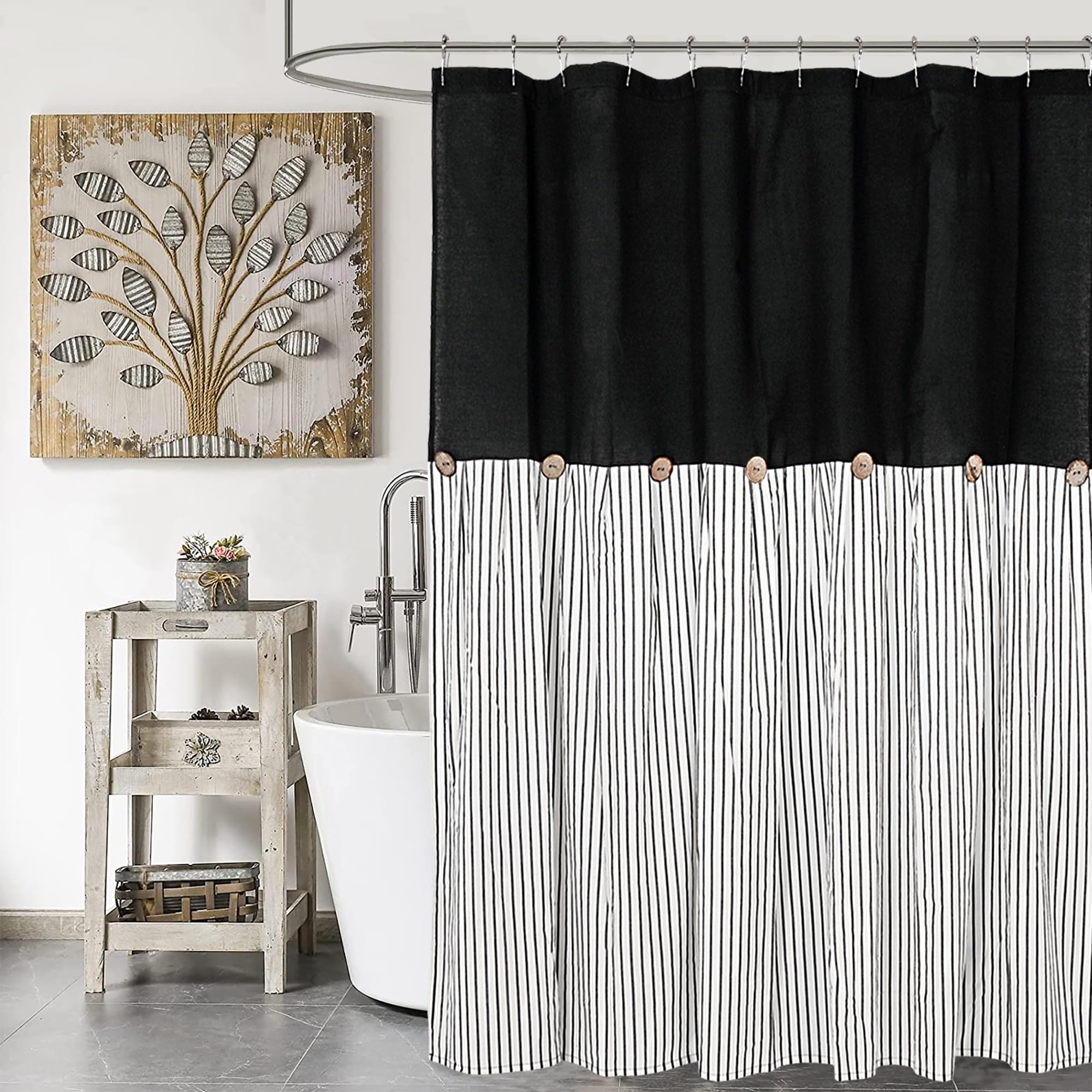 DOSLY IDÉES Farmhouse Shower Curtain – Black Striped Linen Cotton