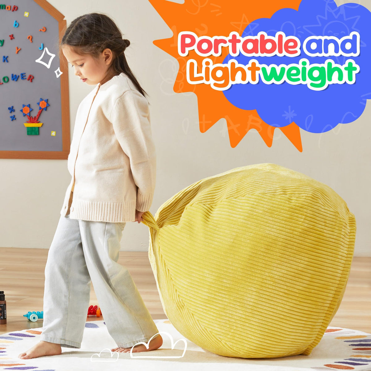 Hobestluk Kids Bean Bag Chair Teardrop Shape with Filling, 2.5FT Yellow - image 5