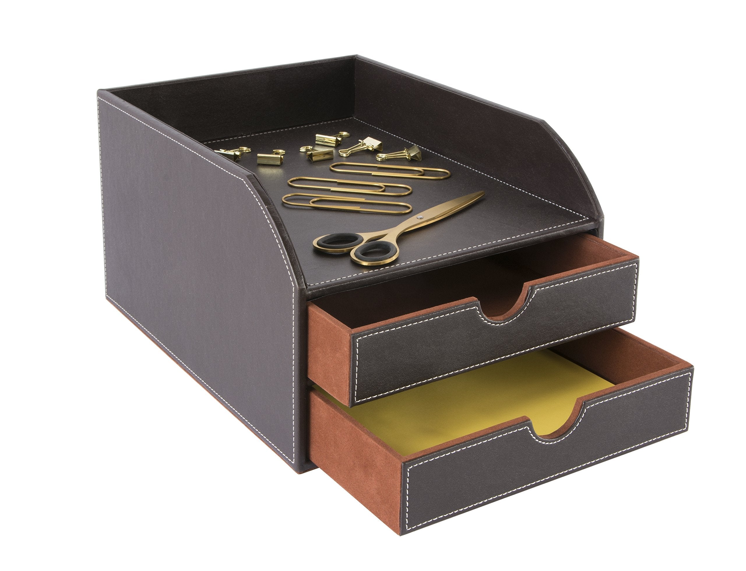 OSCO Brown Faux Leather 2-Tier Desk Sorter and A4 Letter Tray Organizer