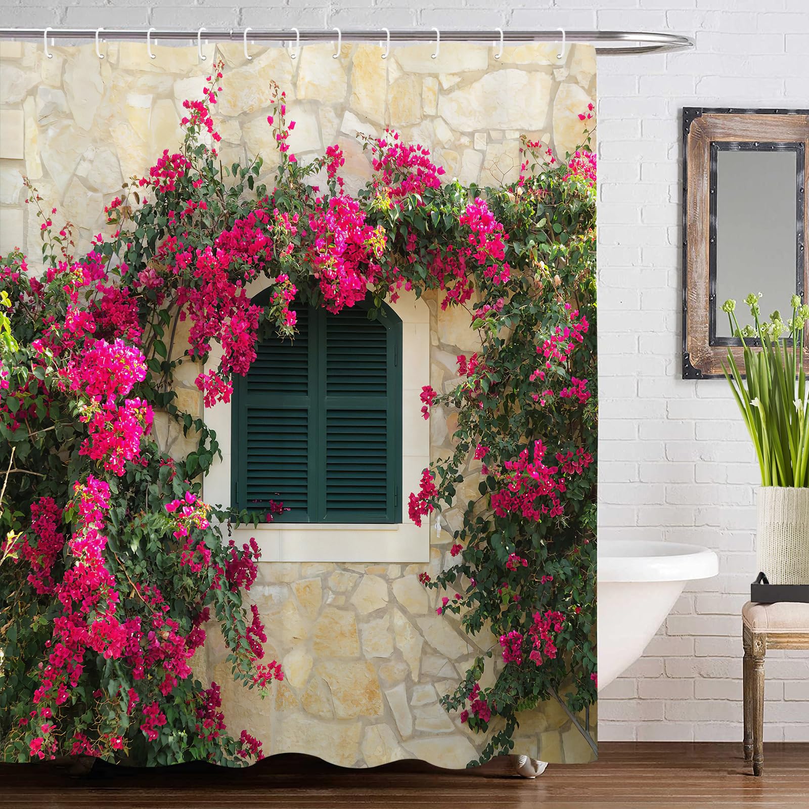 Jolof Store Pink Flower Vines Shower Curtain | Waterproof Polyester Fabric