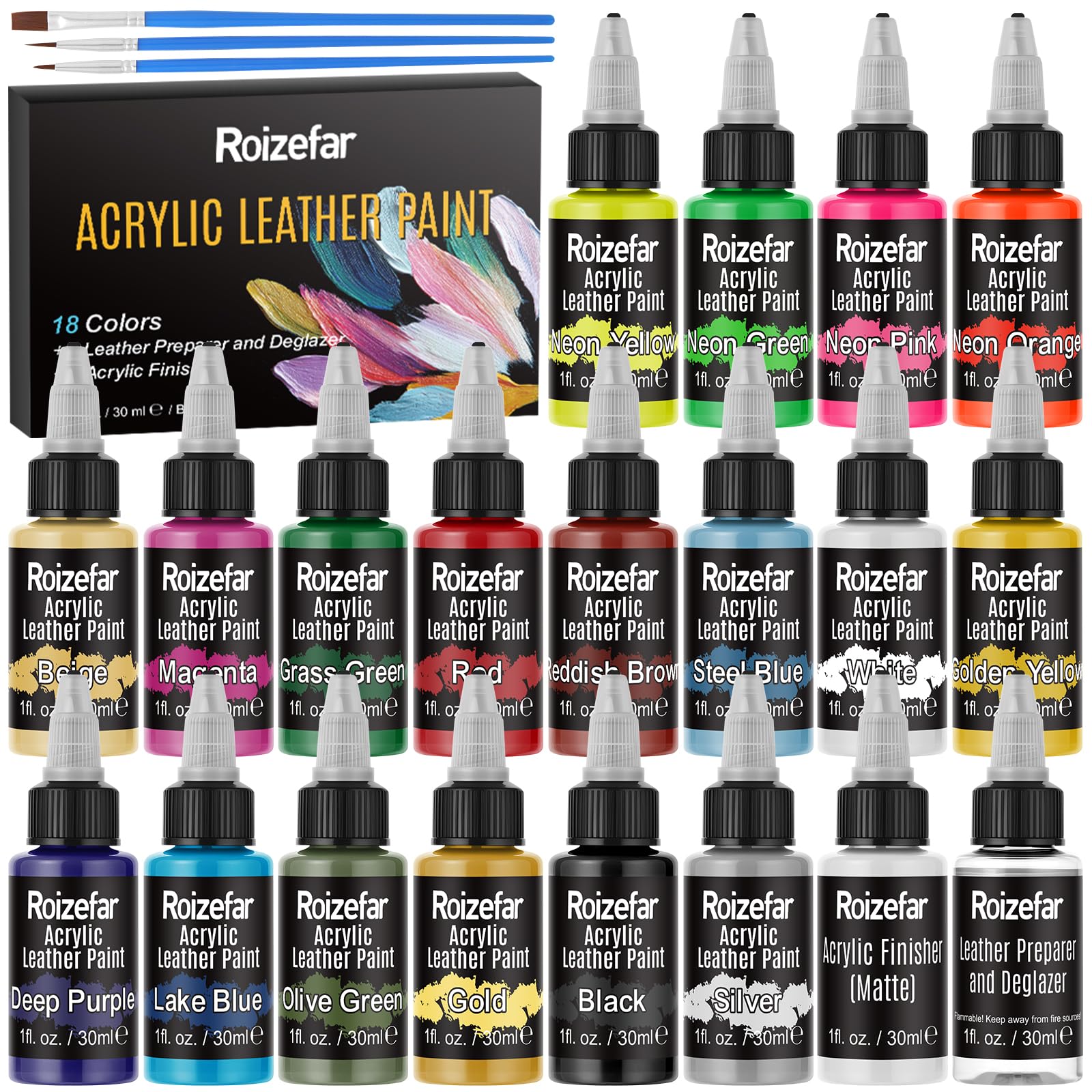 Roizefar Acrylic Leather Paint Kit – 20pc Set with Deglazer & Finisher