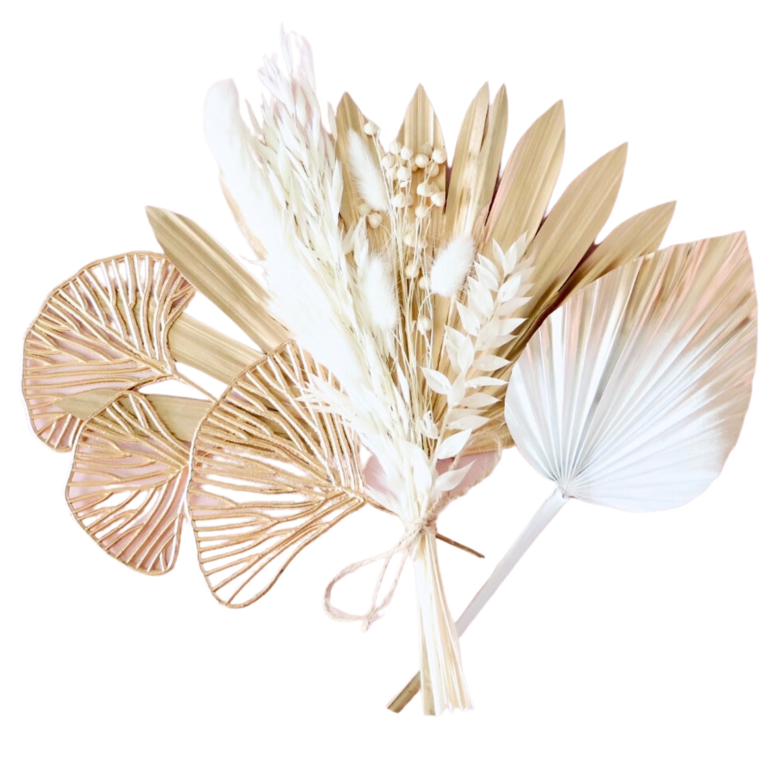 Dried Flower Cake Topper Set – White & Gold Palm Leaves