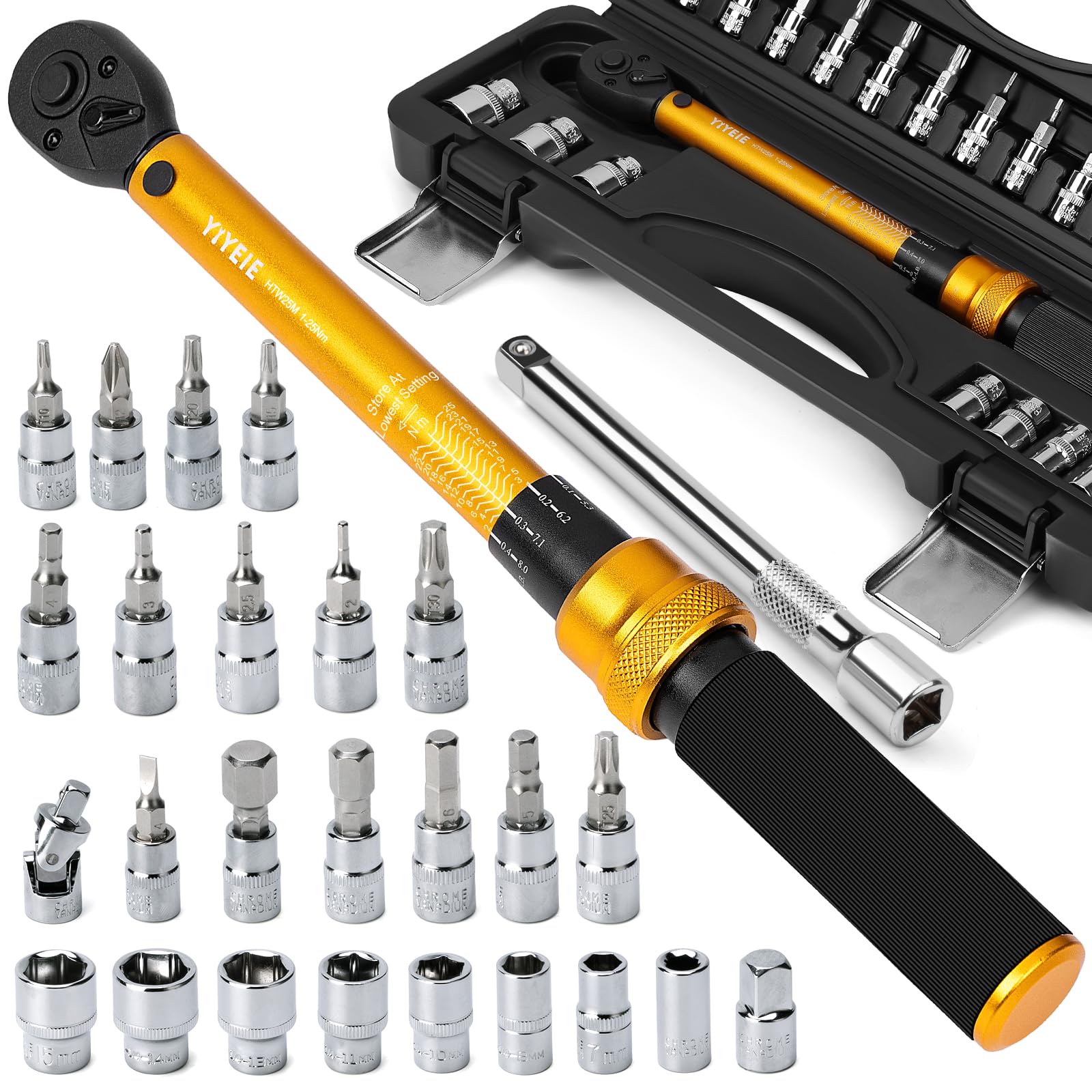 YIYEIE 1/4 Inch Drive Bike Torque Wrench Set | 1-25 Nm, 27-Piece Kit