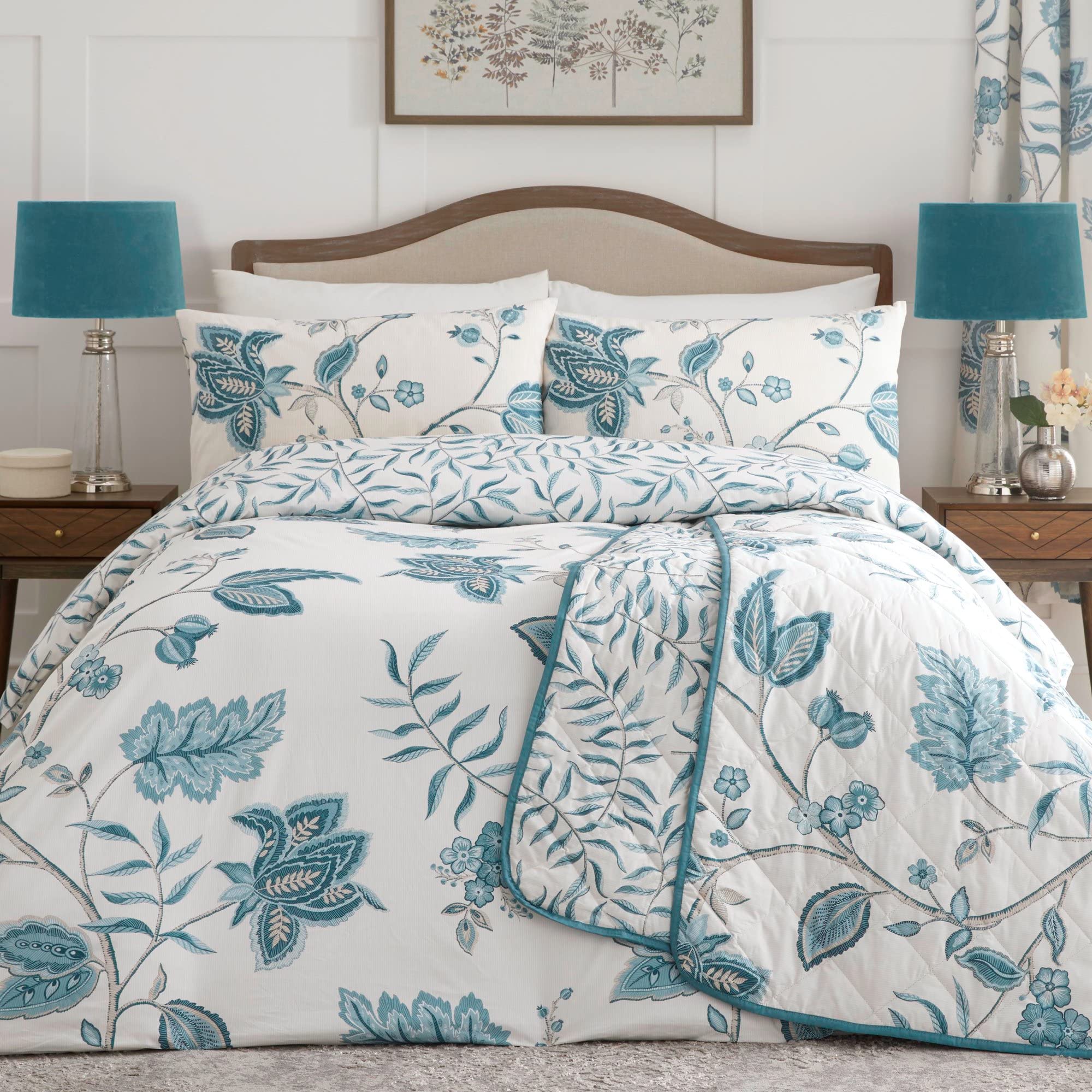 Dreams & Drapes Samira Reversible Floral Duvet Cover Set | Teal Super-King