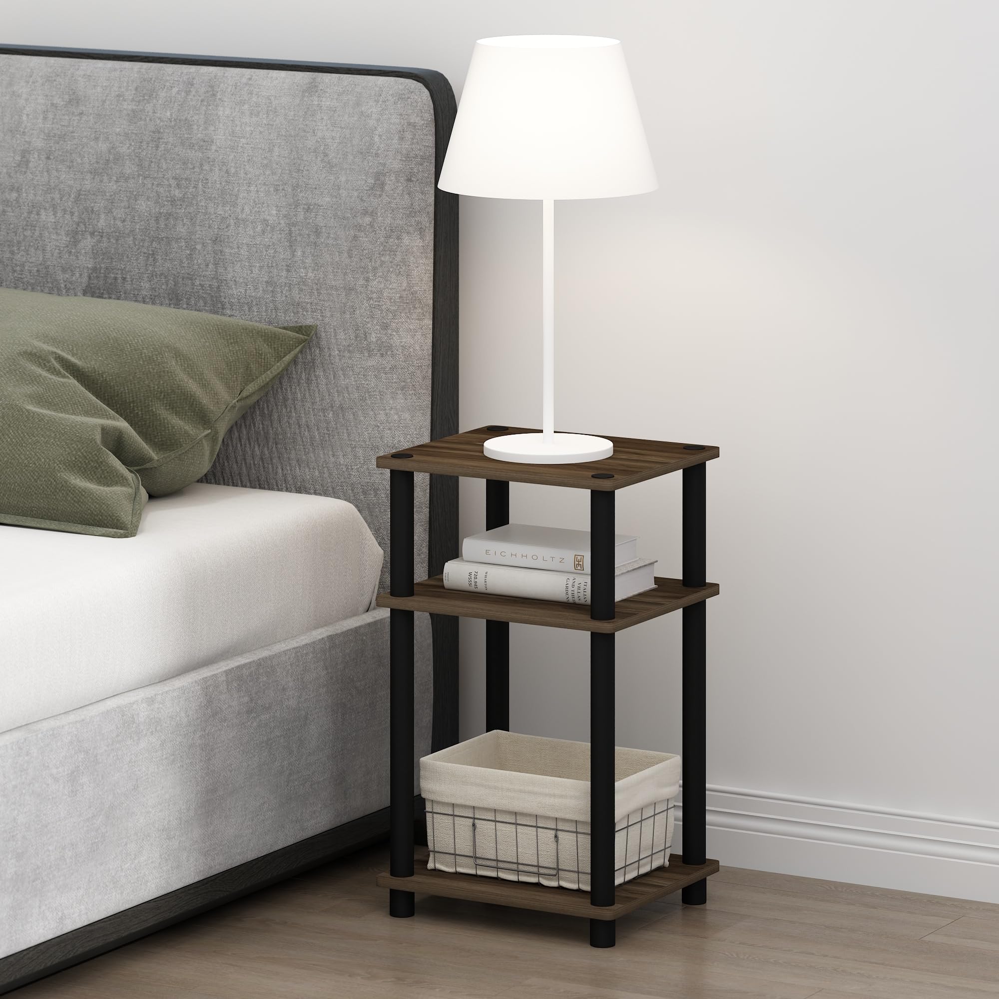 Furinno 3-Tier Turn-N-Tube Nightstand | Columbia Walnut & Black
