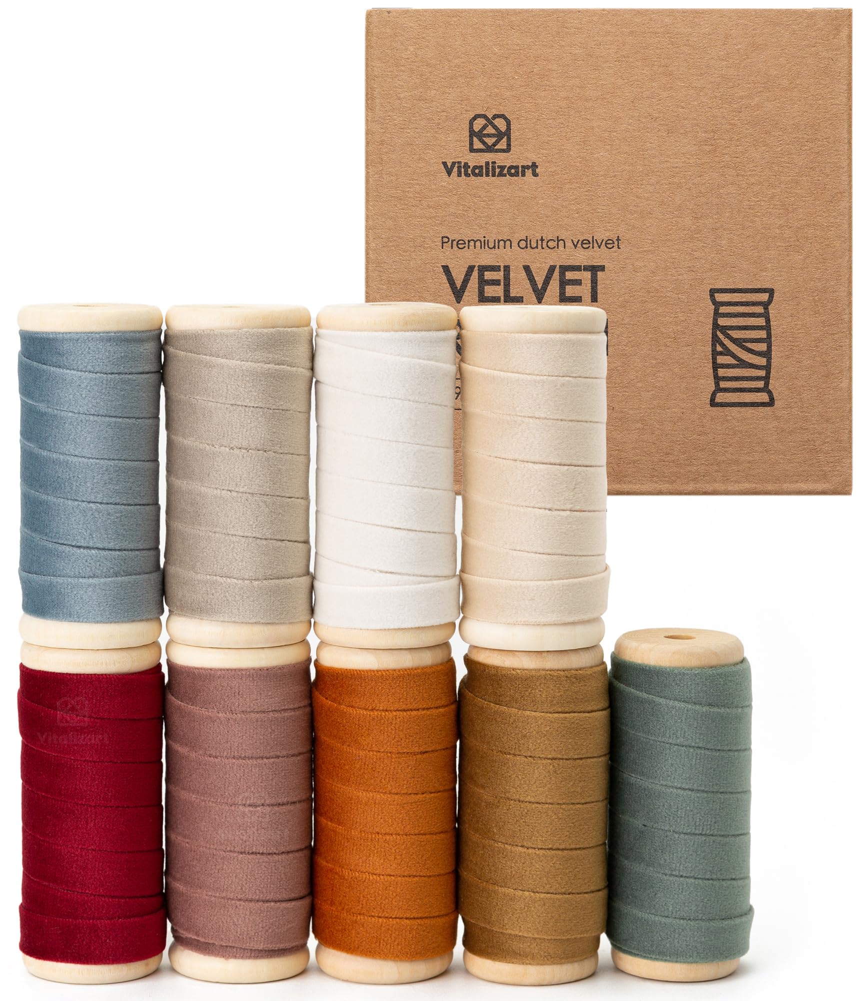 Vitalizart Velvet Ribbon Set | 9 Rolls 3/8" x 5Yd with Wooden Spools