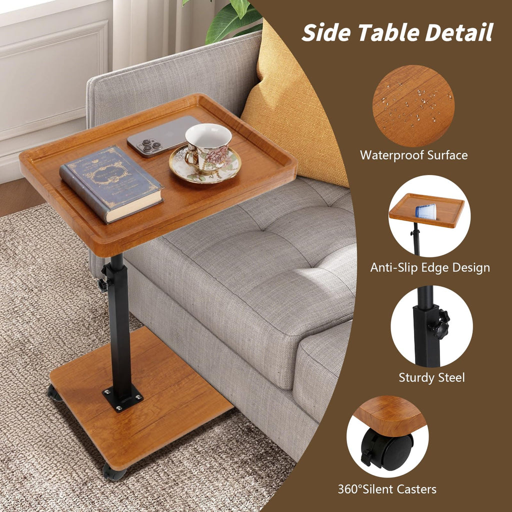 XUDREZ Adjustable Side Table, C Shaped Small Table with 4 Wheels 364° Swivel Tray, End Table for Living Room Bedroom Sofa Small Spaces Wood color