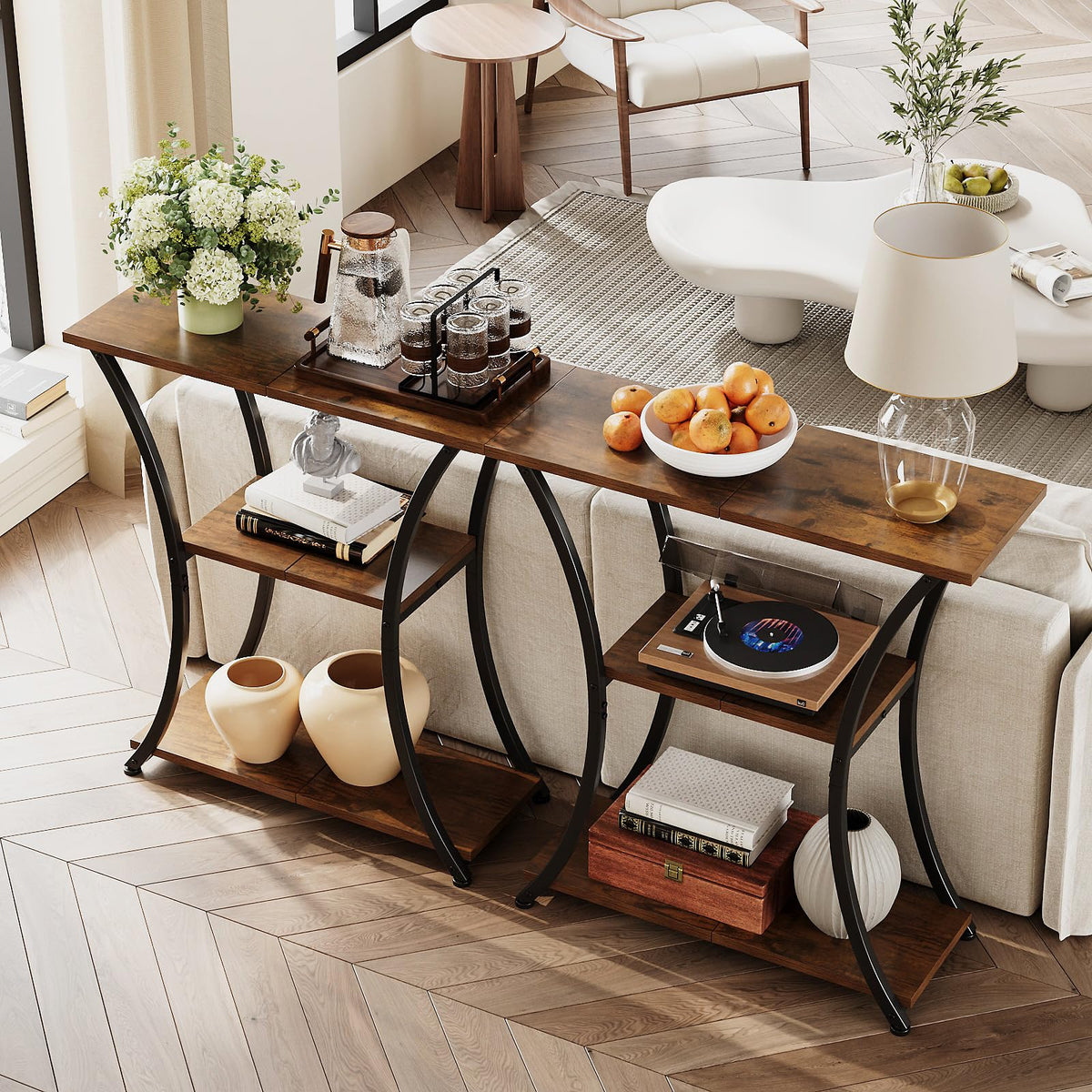 Trironsun Rustic Narrow Console Table with 3 Tiers, Slim Hallway Table with Curved Metal Frame and Open Shelves - image 3
