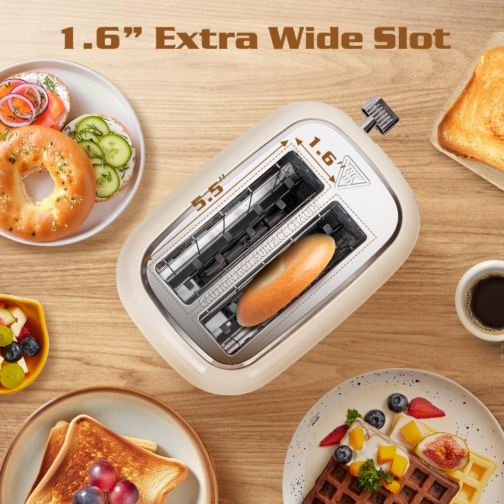 Aigostar 2-Slice Retro Toaster | Wide Slot Stainless Steel – Cream White